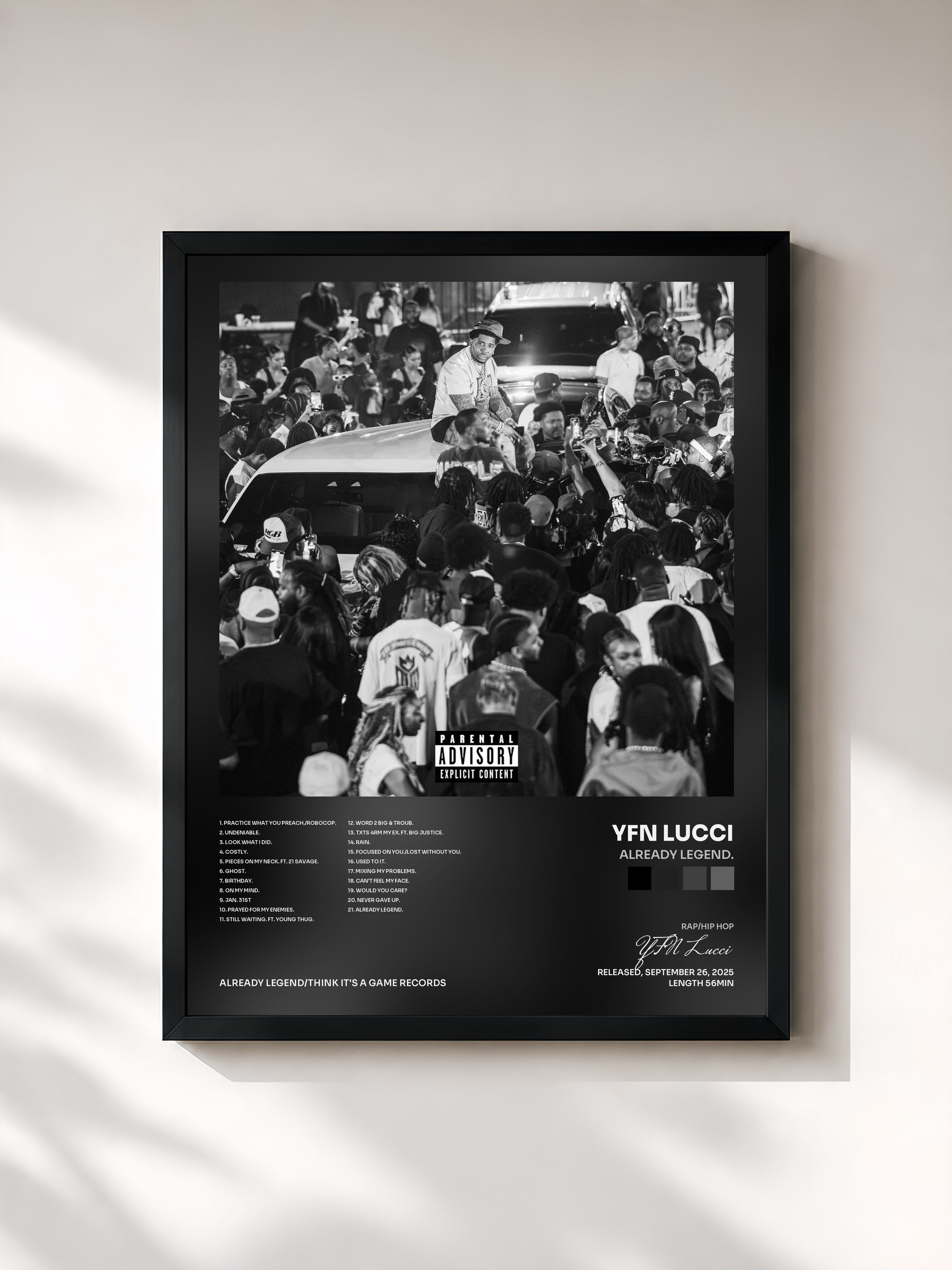#noir Tableau de l'album ALREADY LEGEND. de YFN Lucci, cadre noir, imprimé et encadré en France