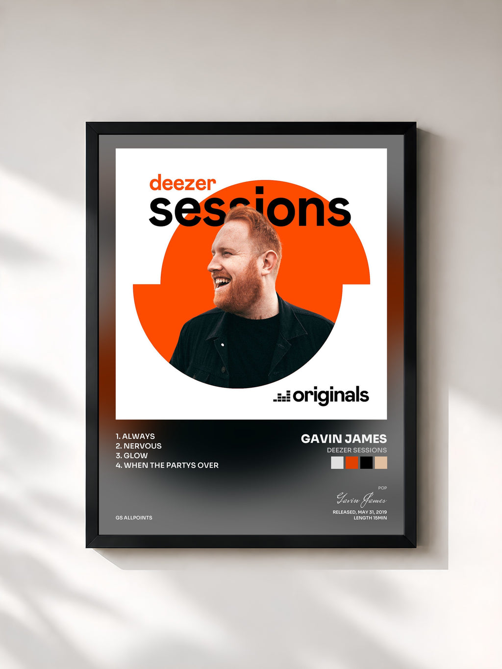 #noir Tableau de l'album Deezer Sessions de Gavin James, cadre noir, imprimé et encadré en France