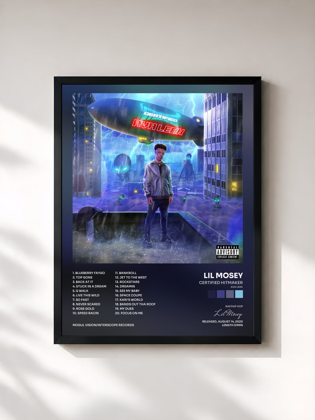 #noir Tableau de l'album Certified Hitmaker (AVA Leak) de Lil Mosey, cadre noir, imprimé et encadré en France