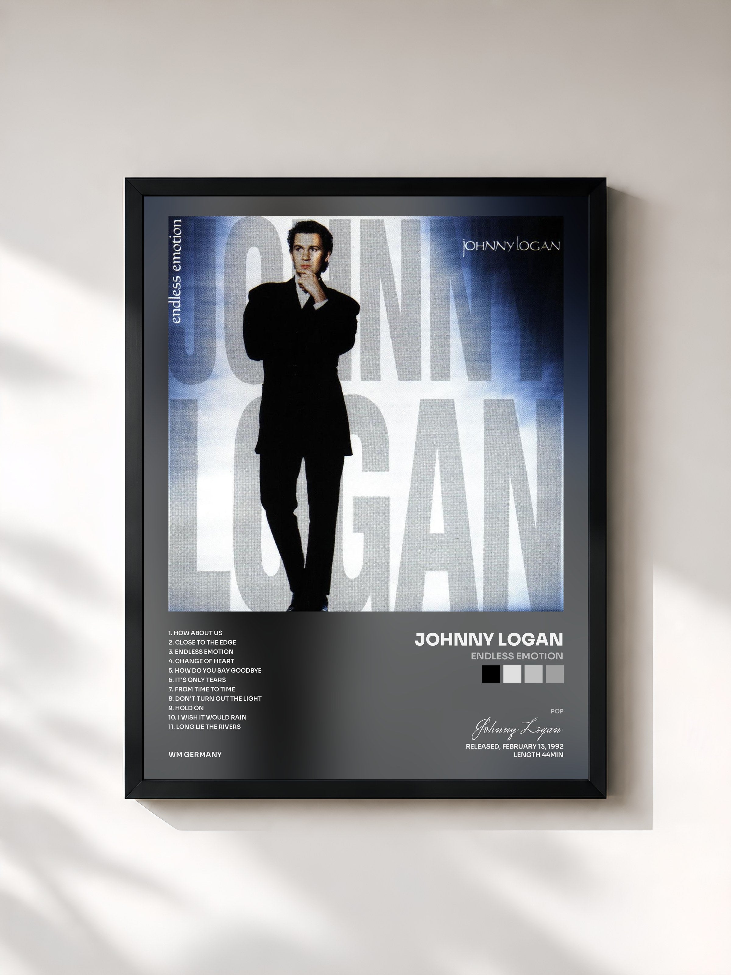 #noir Tableau de l'album Endless Emotion de Johnny Logan, cadre noir, imprimé et encadré en France