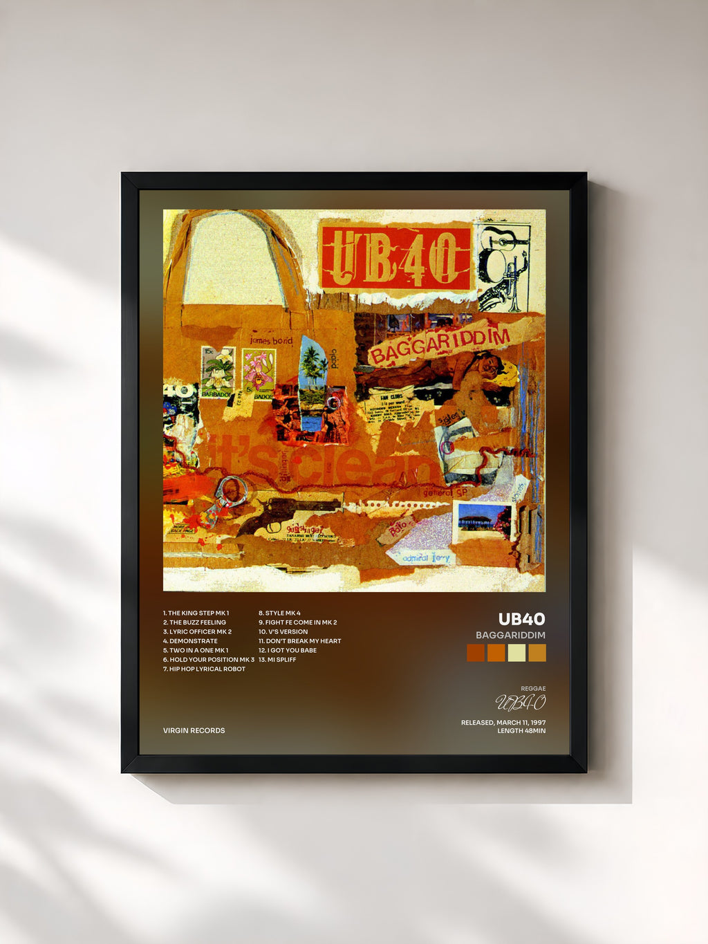 #noir Tableau de l'album Baggariddim de UB40, cadre noir, imprimé et encadré en France
