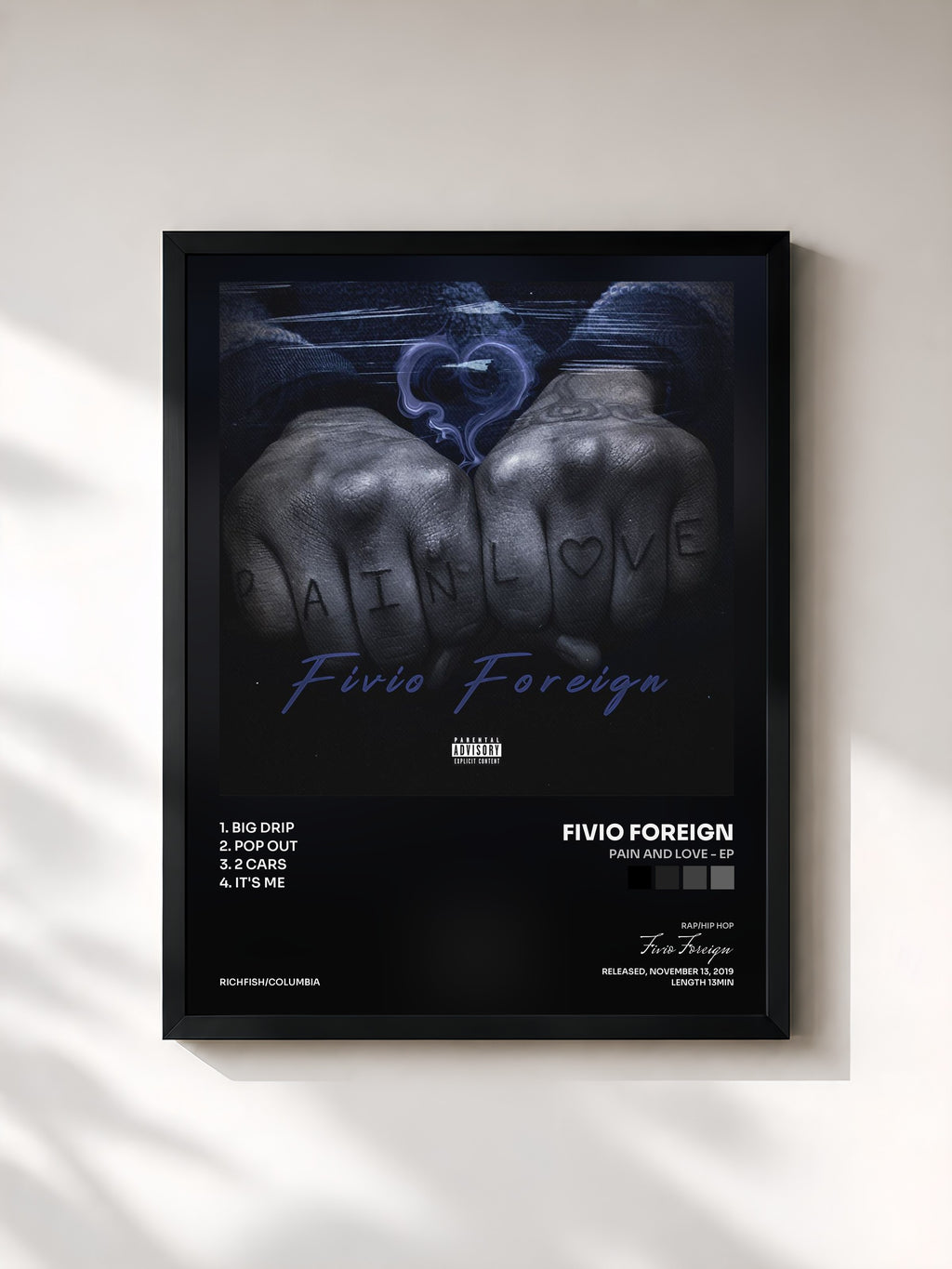 #noir Tableau de l'album Pain and Love - EP de Fivio Foreign, cadre noir, imprimé et encadré en France