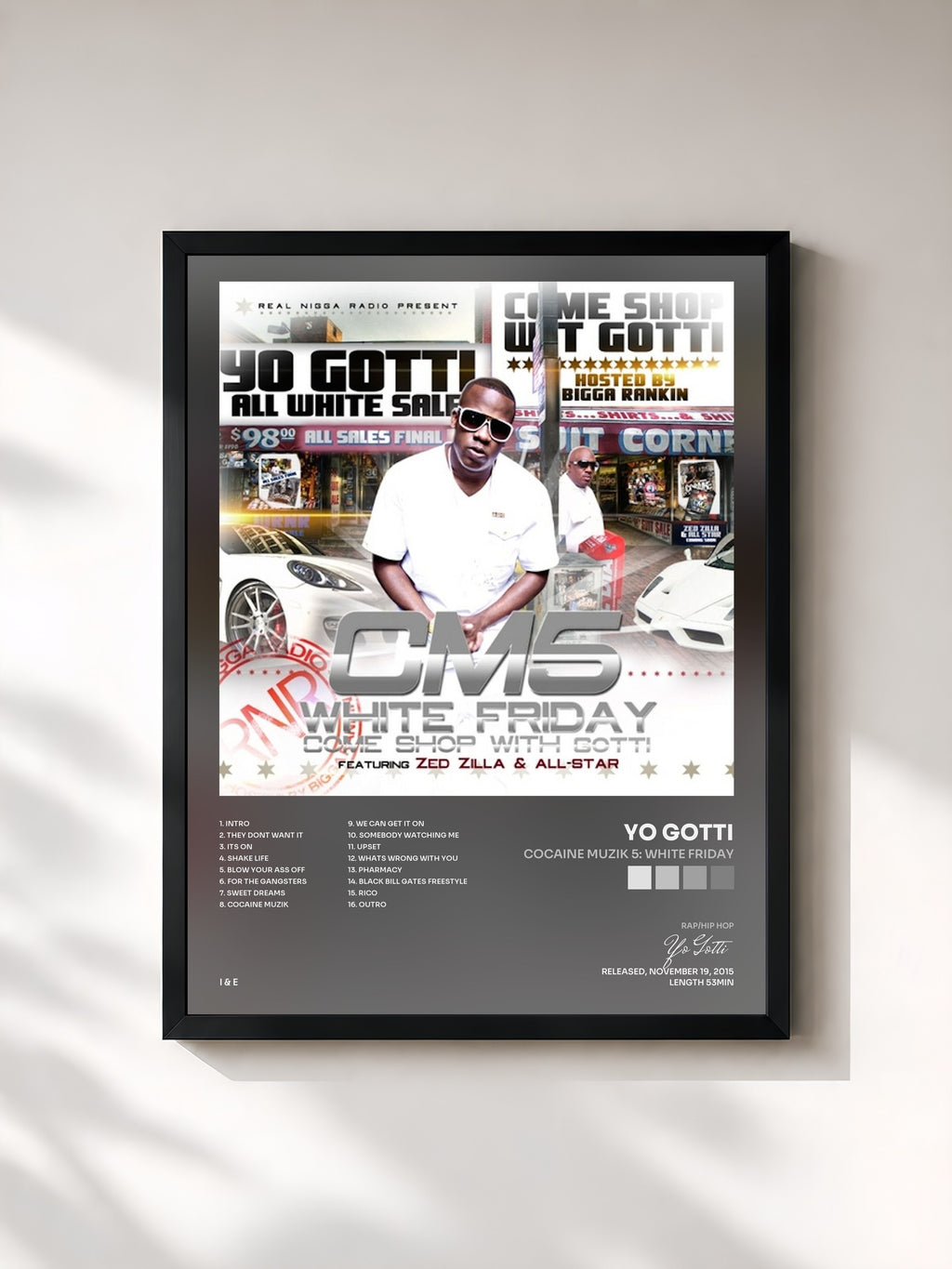 #noir Tableau de l'album Cocaine Muzik 5: White Friday de Yo Gotti, cadre noir, imprimé et encadré en France