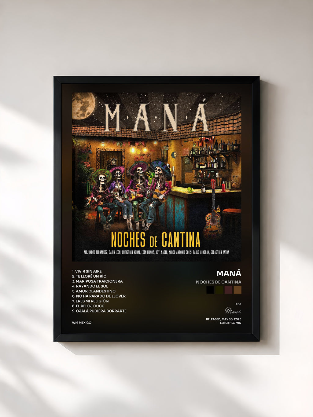 #noir Tableau de l'album Noches De Cantina de Maná, cadre noir, imprimé et encadré en France