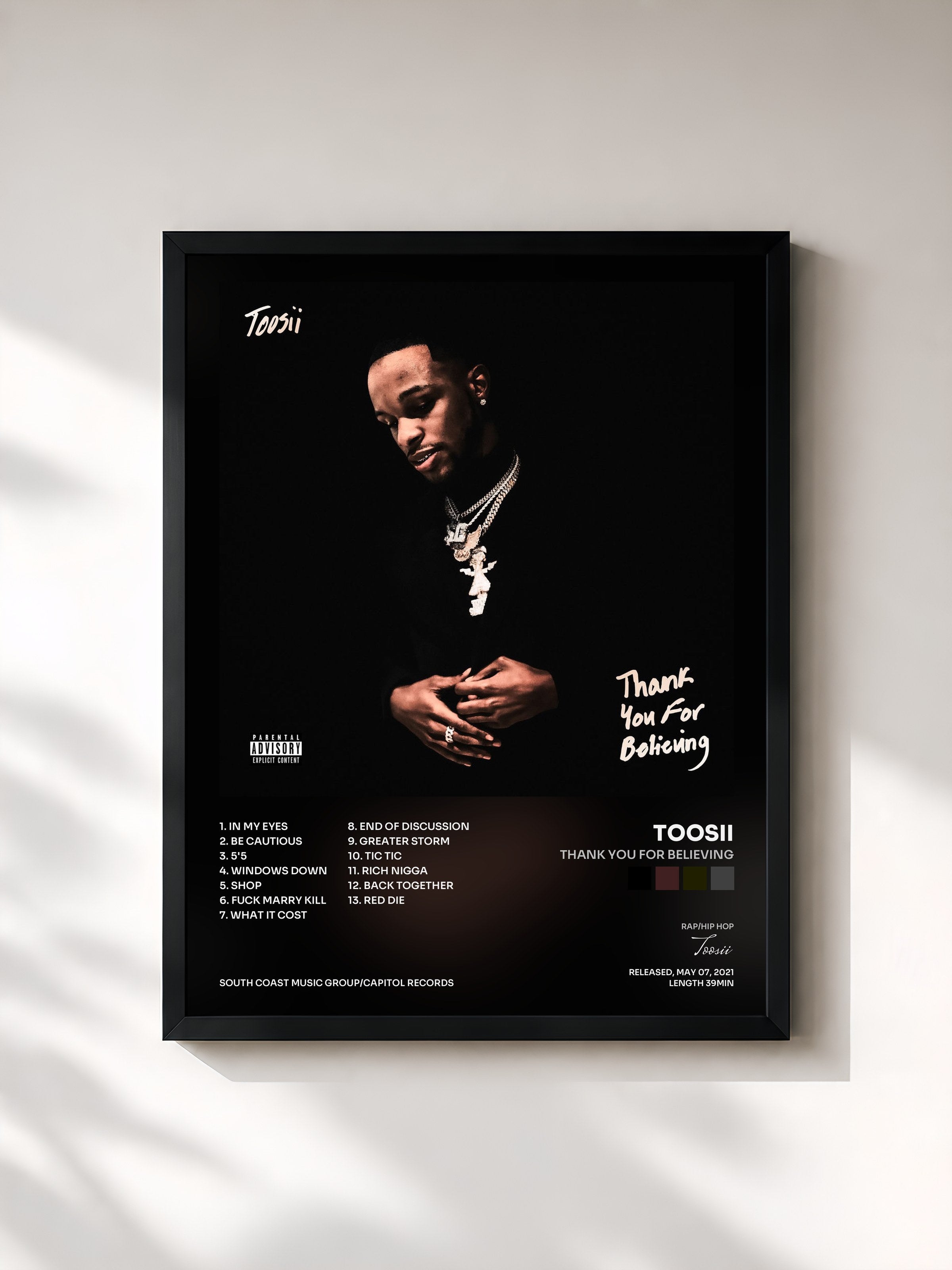 #noir Tableau de l'album Thank You For Believing de Toosii, cadre noir, imprimé et encadré en France