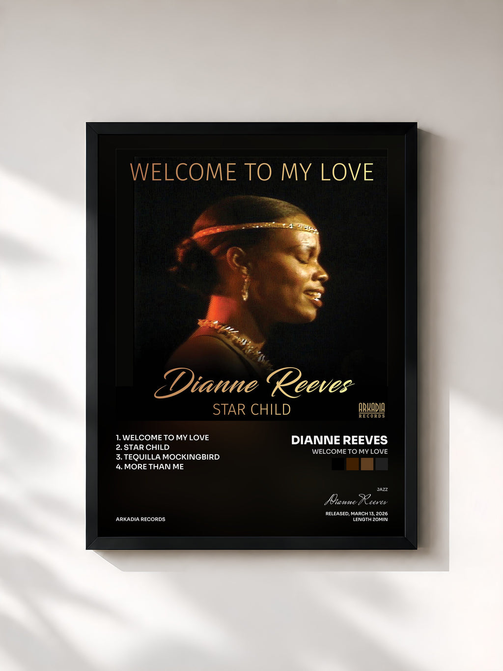 #noir Tableau de l'album Welcome To My Love de Dianne Reeves, cadre noir, imprimé et encadré en France