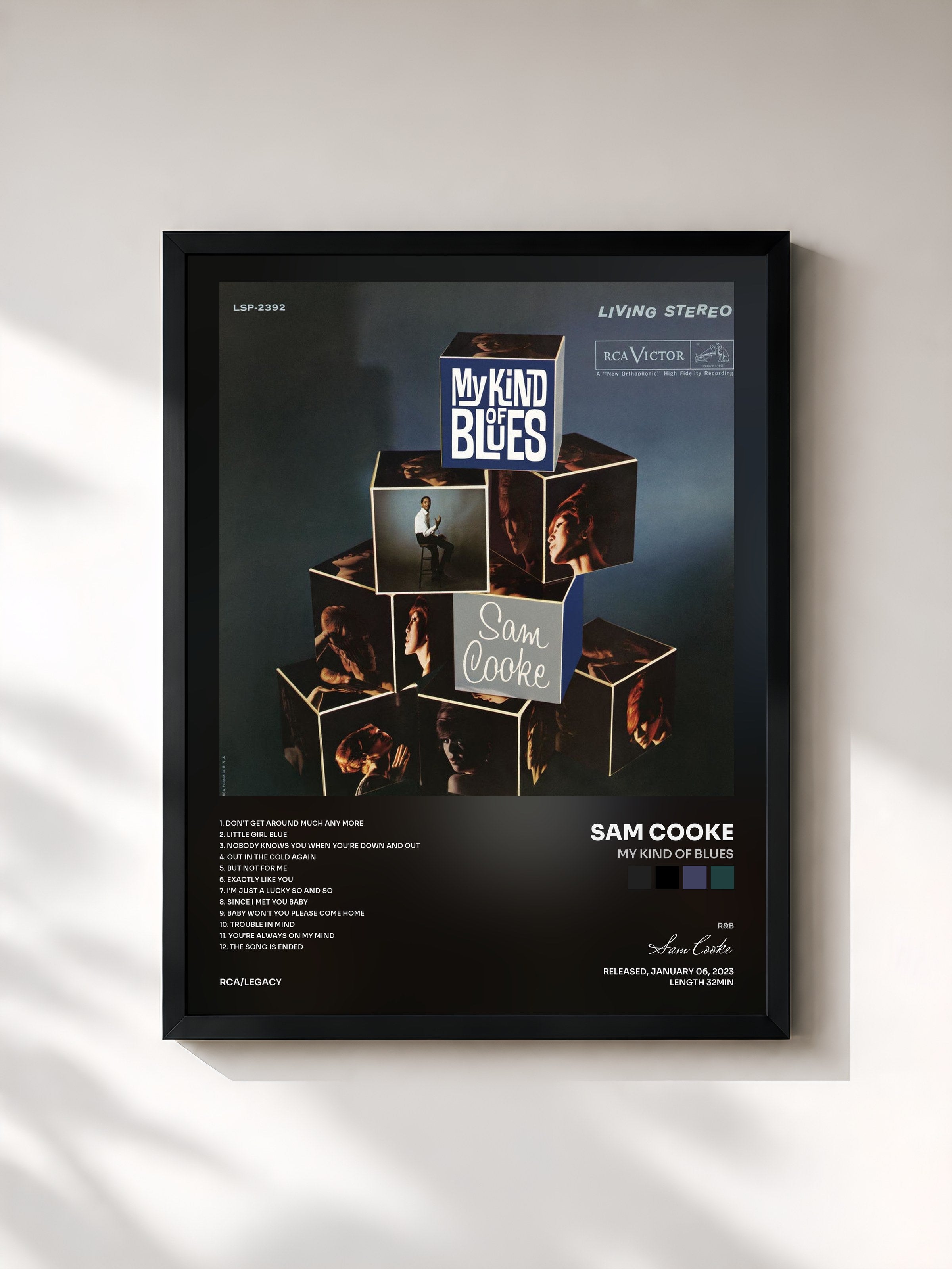 #noir Tableau de l'album My Kind Of Blues de Sam Cooke, cadre noir, imprimé et encadré en France