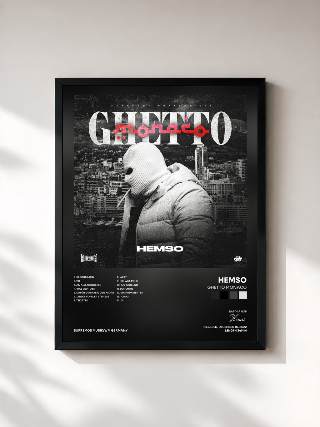 #noir Tableau de l'album Ghetto Monaco de Hemso, cadre noir, imprimé et encadré en France