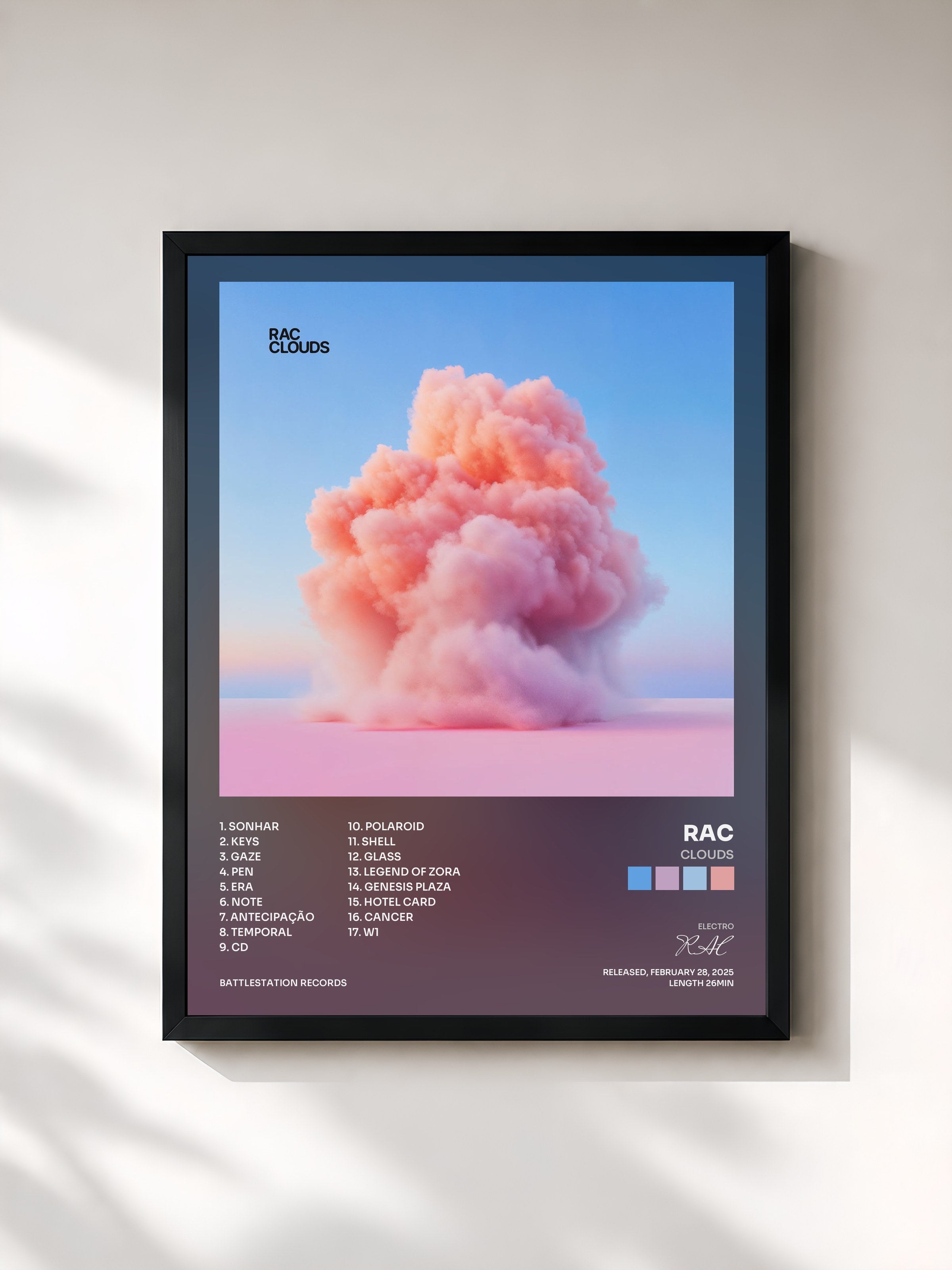 #noir Tableau de l'album CLOUDS de RAC, cadre noir, imprimé et encadré en France