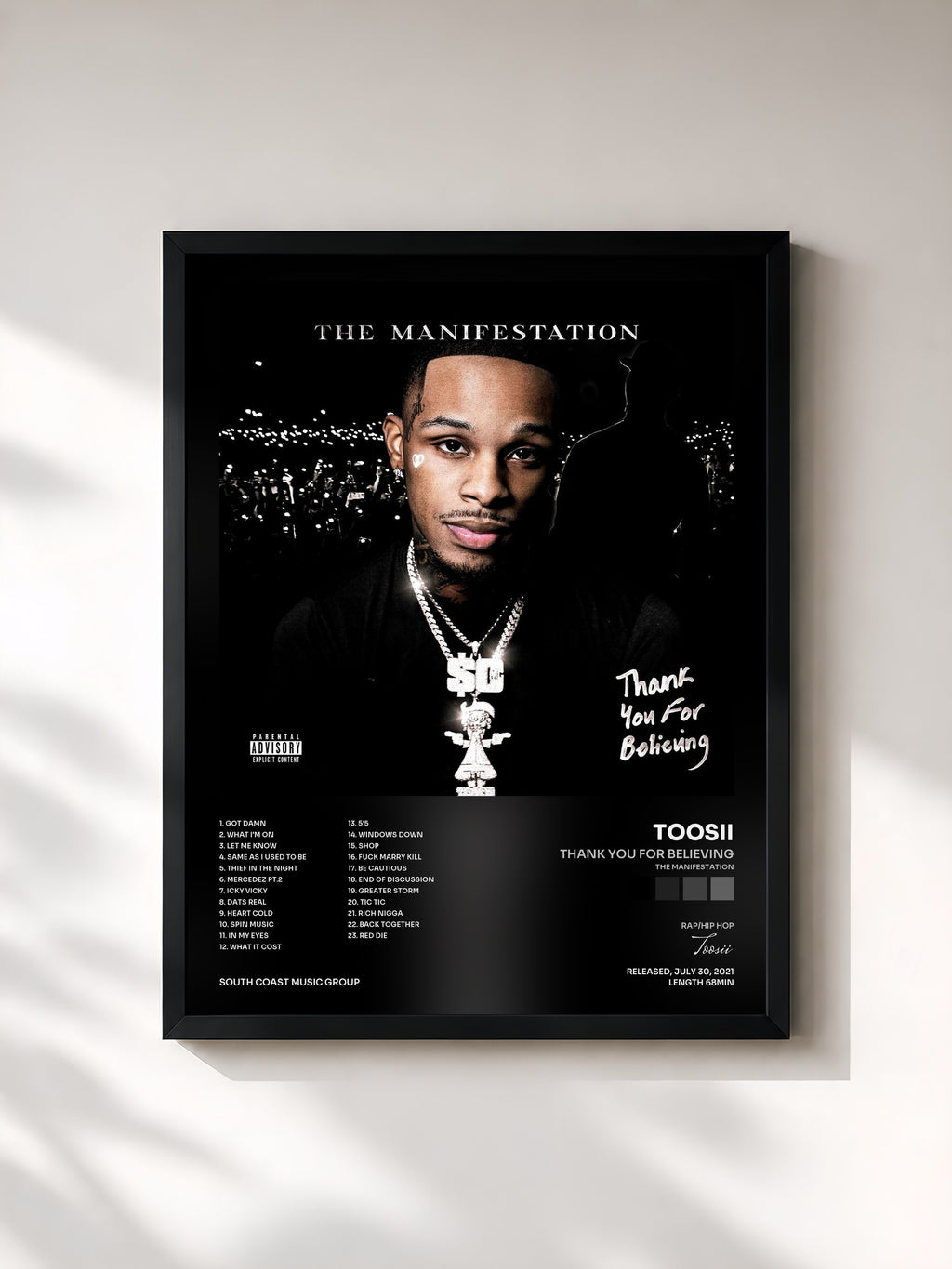 #noir Tableau de l'album Thank You For Believing (The Manifestation) de Toosii, cadre noir, imprimé et encadré en France