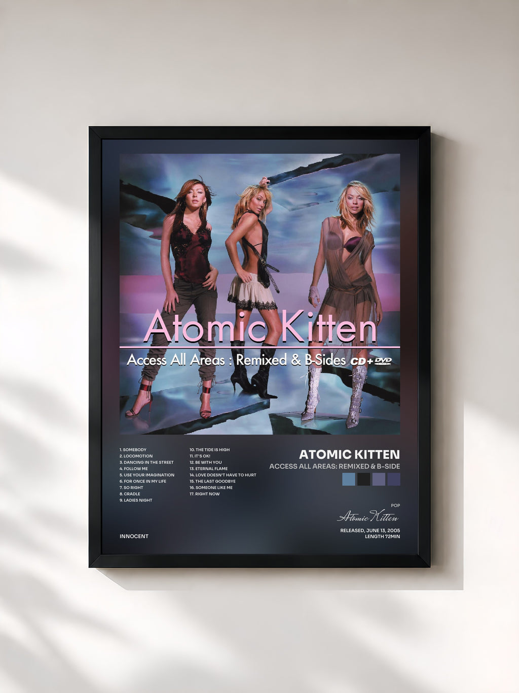 #noir Tableau de l'album Access All Areas: Remixed & B-Side de Atomic Kitten, cadre noir, imprimé et encadré en France