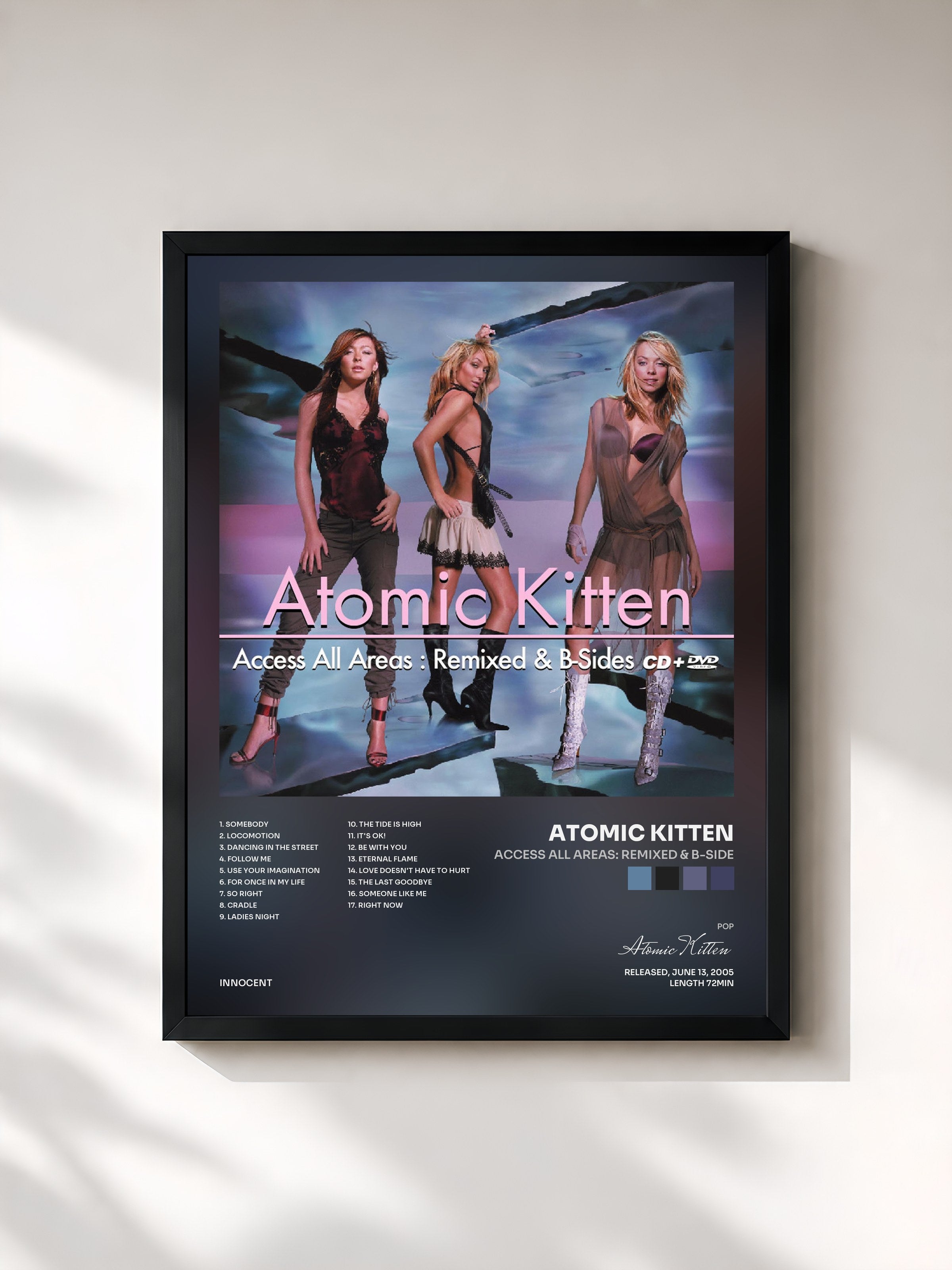 #noir Tableau de l'album Access All Areas: Remixed & B-Side de Atomic Kitten, cadre noir, imprimé et encadré en France