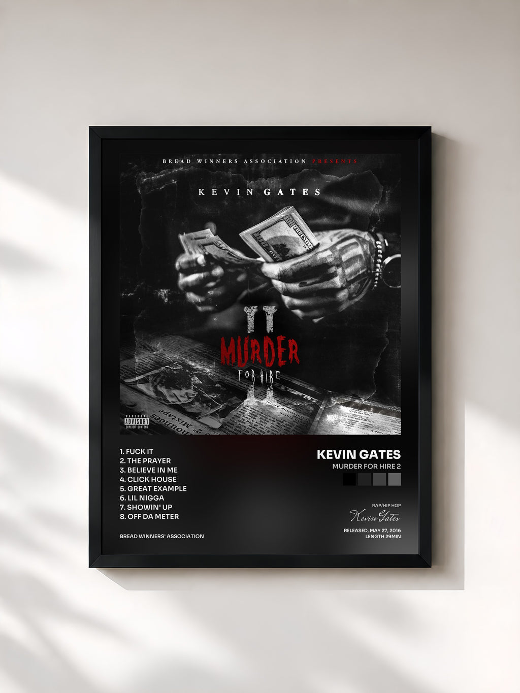 #noir Tableau de l'album Murder for Hire 2 de Kevin Gates, cadre noir, imprimé et encadré en France