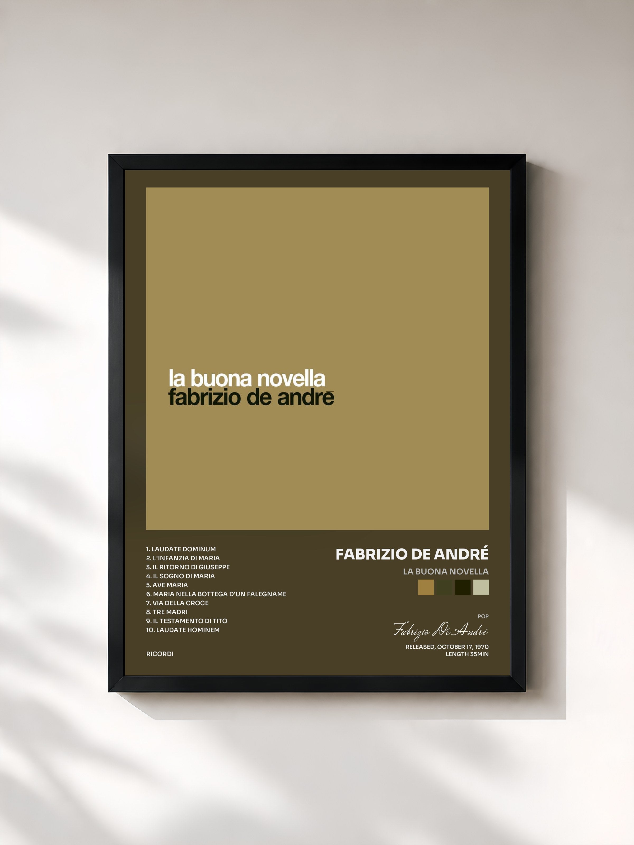 #noir Tableau de l'album La Buona Novella de Fabrizio De André, cadre noir, imprimé et encadré en France