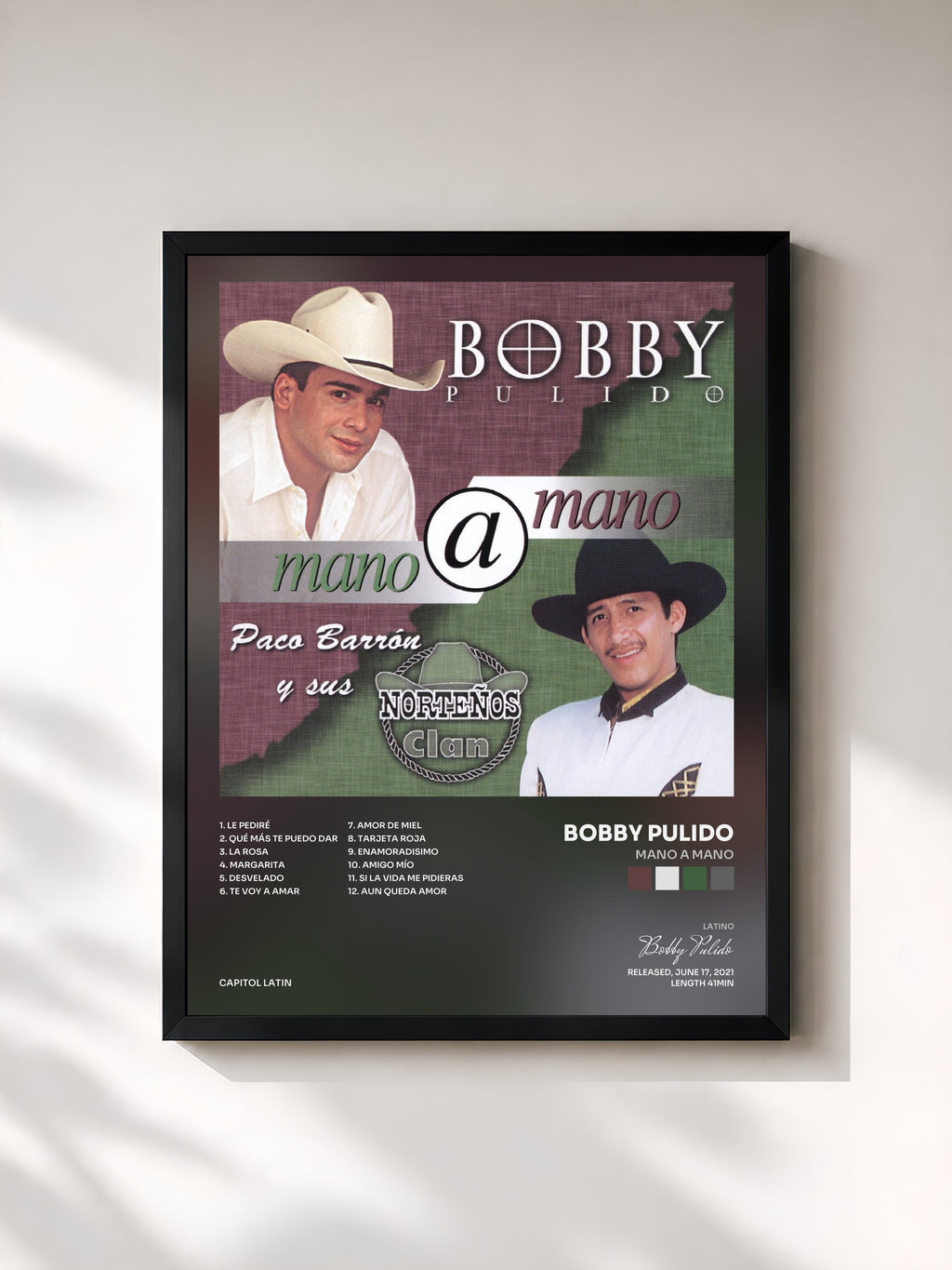 #noir Tableau de l'album Mano A Mano de Bobby Pulido, cadre noir, imprimé et encadré en France