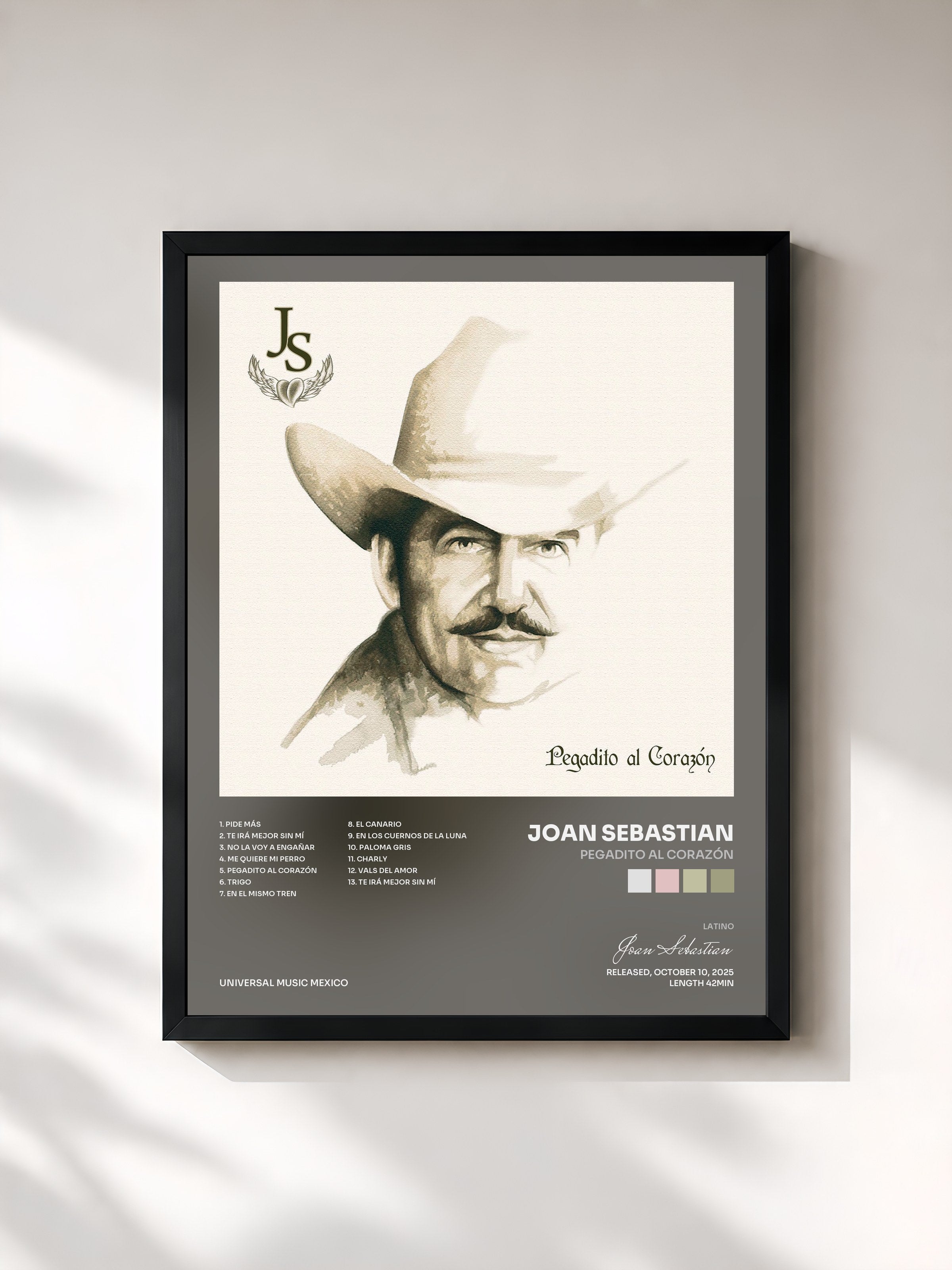 #noir Tableau de l'album Pegadito Al Corazón de Joan Sebastian, cadre noir, imprimé et encadré en France