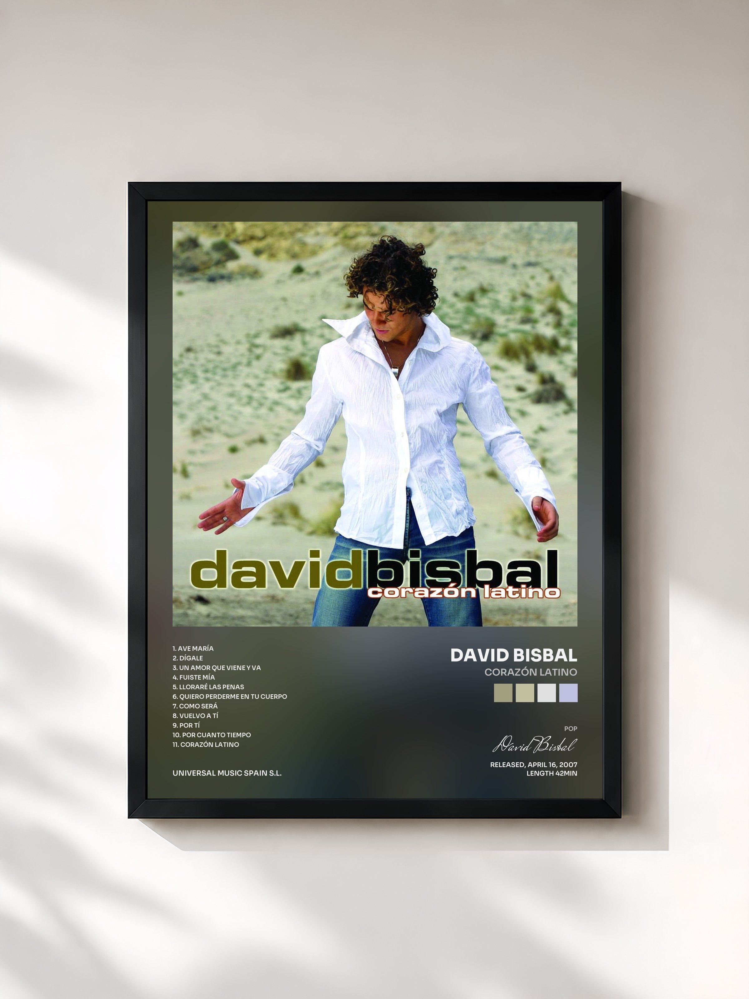 #noir Tableau de l'album Corazón Latino de David Bisbal, cadre noir, imprimé et encadré en France