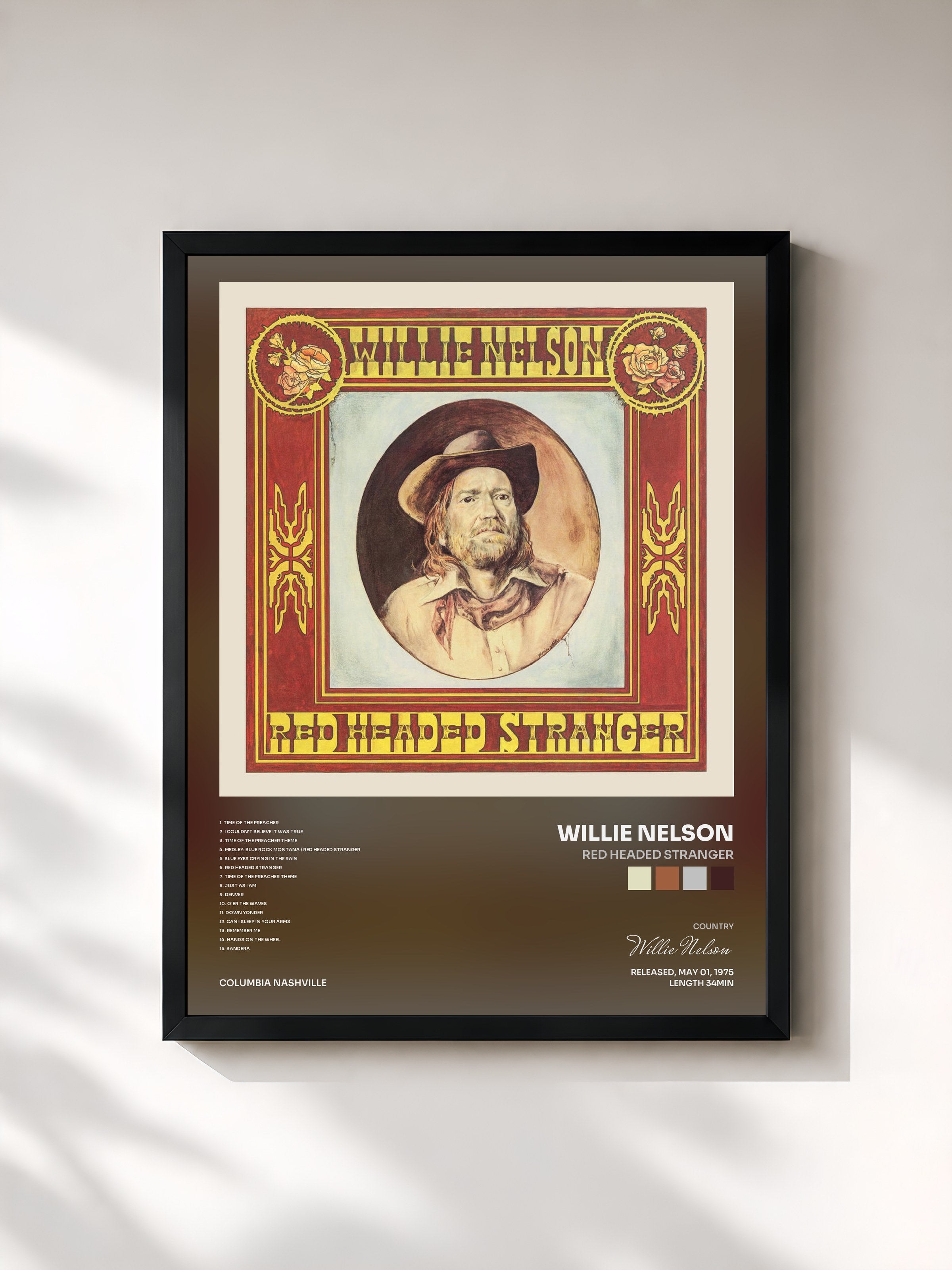 #noir Tableau de l'album Red Headed Stranger de Willie Nelson, cadre noir, imprimé et encadré en France