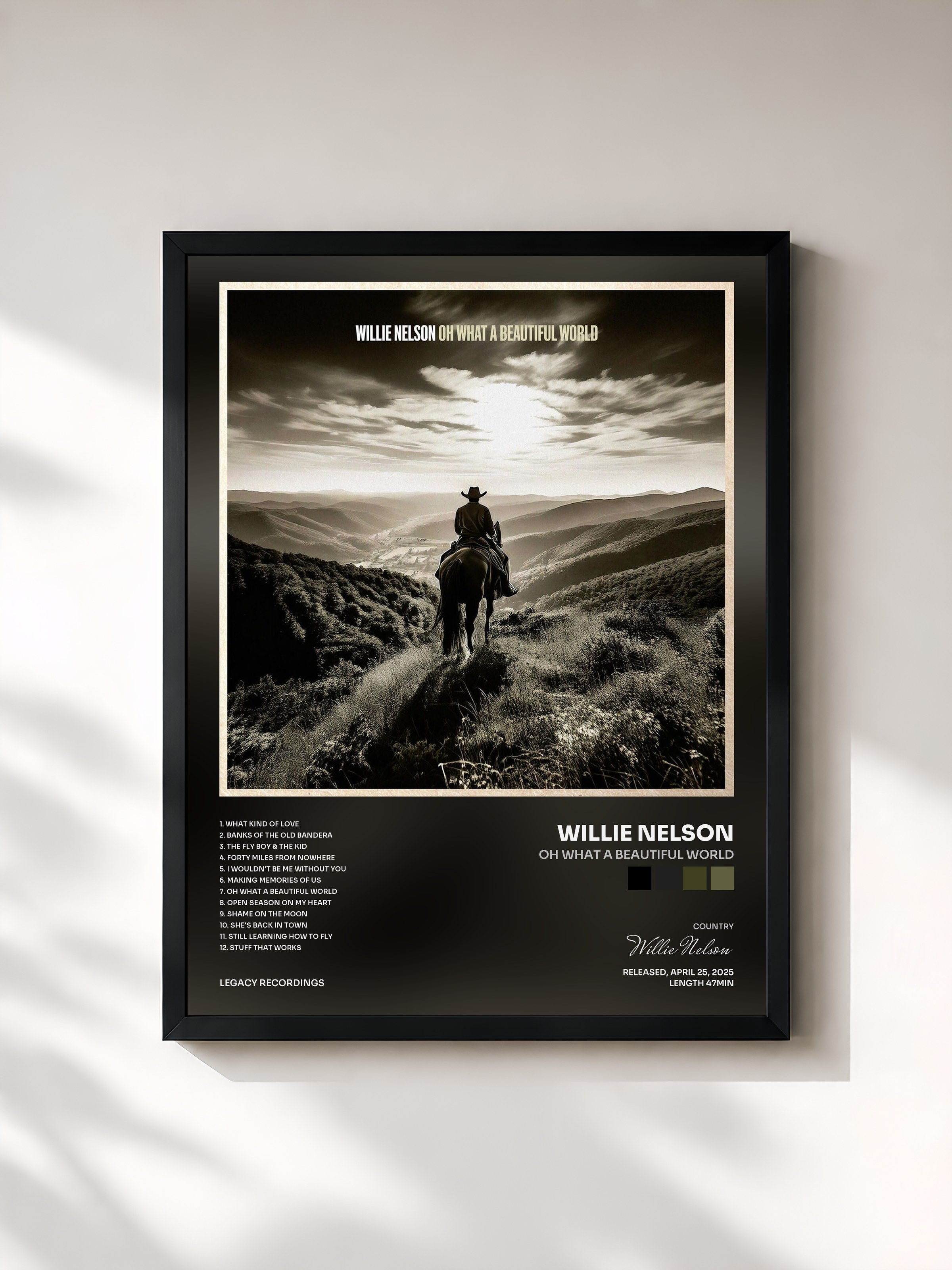 #noir Tableau de l'album Oh What A Beautiful World de Willie Nelson, cadre noir, imprimé et encadré en France