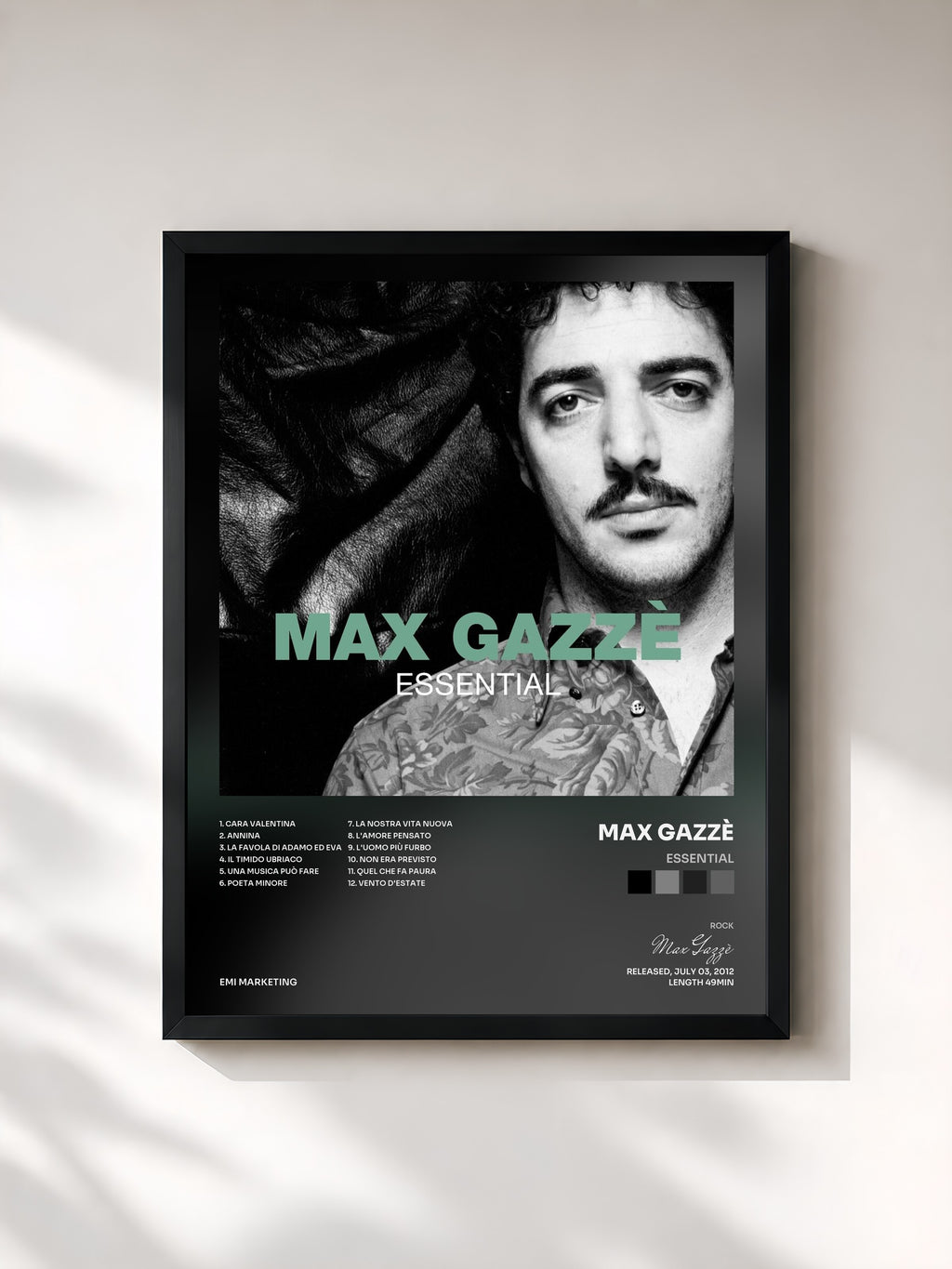 #noir Tableau de l'album Essential de Max Gazzè, cadre noir, imprimé et encadré en France