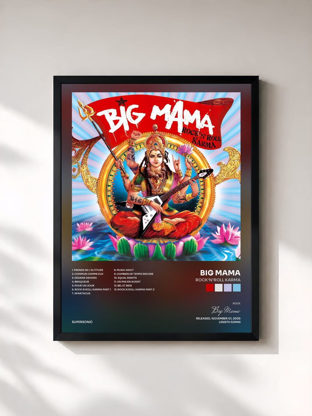 #noir Tableau de l'album Rock'n'roll karma de Big Mama, cadre noir, imprimé et encadré en France