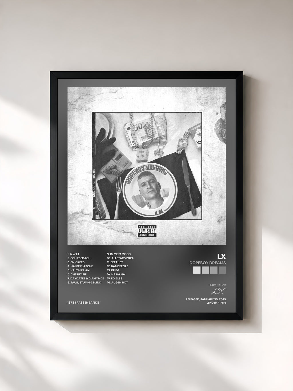#noir Tableau de l'album DOPEBOY DREAMS de LX, cadre noir, imprimé et encadré en France