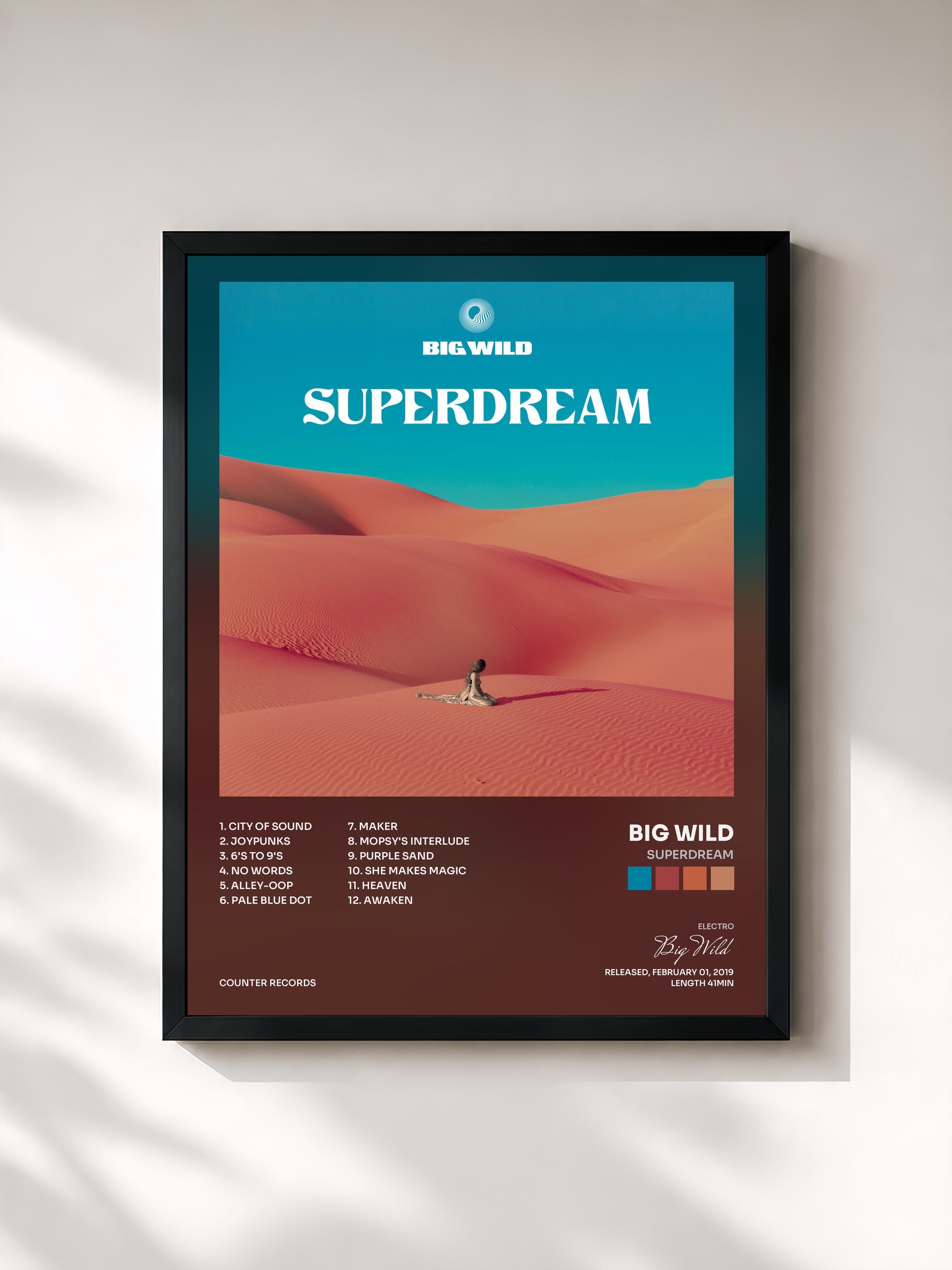 #noir Tableau de l'album Superdream de Big Wild, cadre noir, imprimé et encadré en France