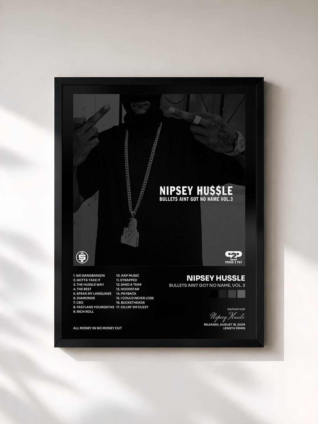 #noir Tableau de l'album Bullets Aint Got No Name, Vol. 3 de Nipsey Hussle, cadre noir, imprimé et encadré en France