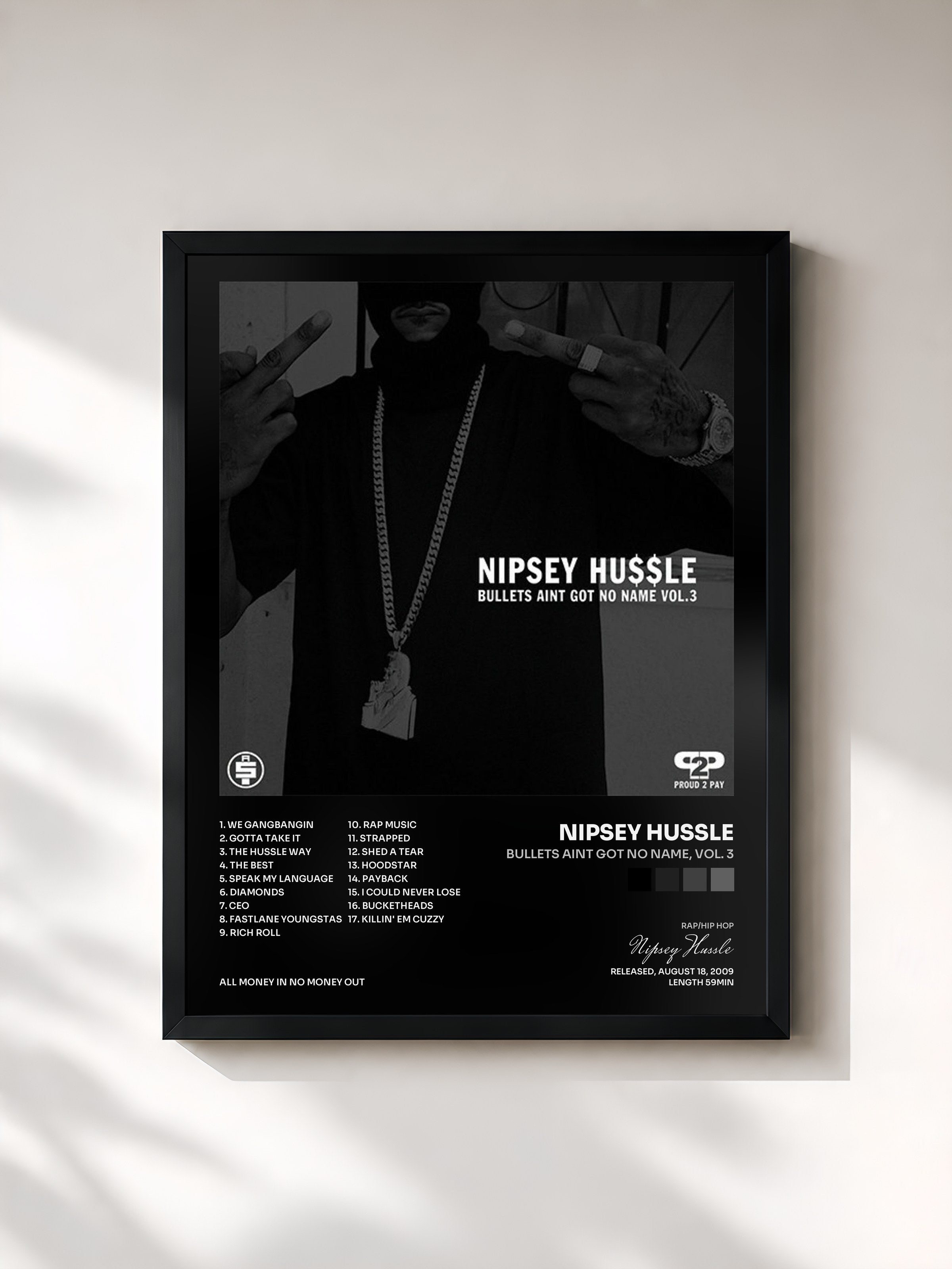 #noir Tableau de l'album Bullets Aint Got No Name, Vol. 3 de Nipsey Hussle, cadre noir, imprimé et encadré en France