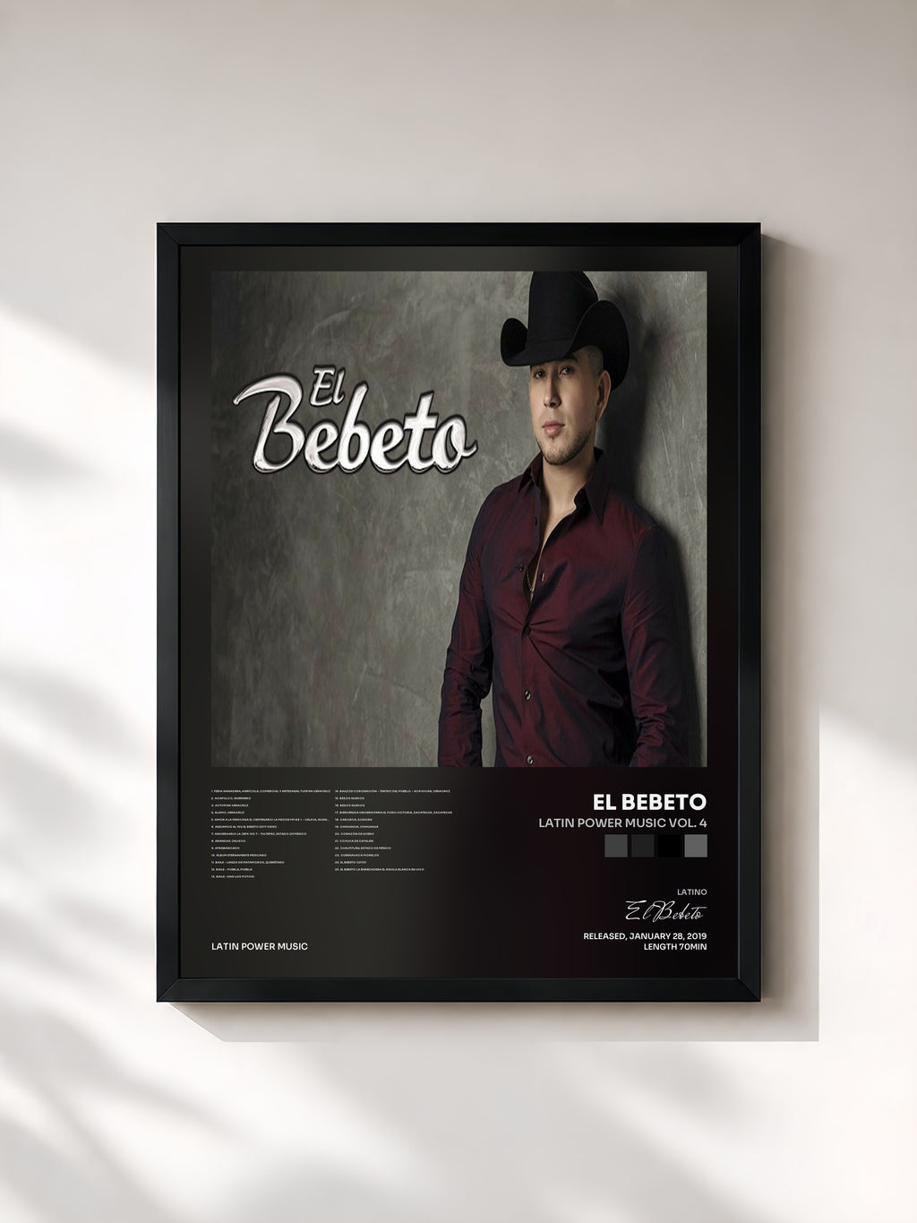#noir Tableau de l'album Latin Power Music Vol. 4 de El Bebeto, cadre noir, imprimé et encadré en France
