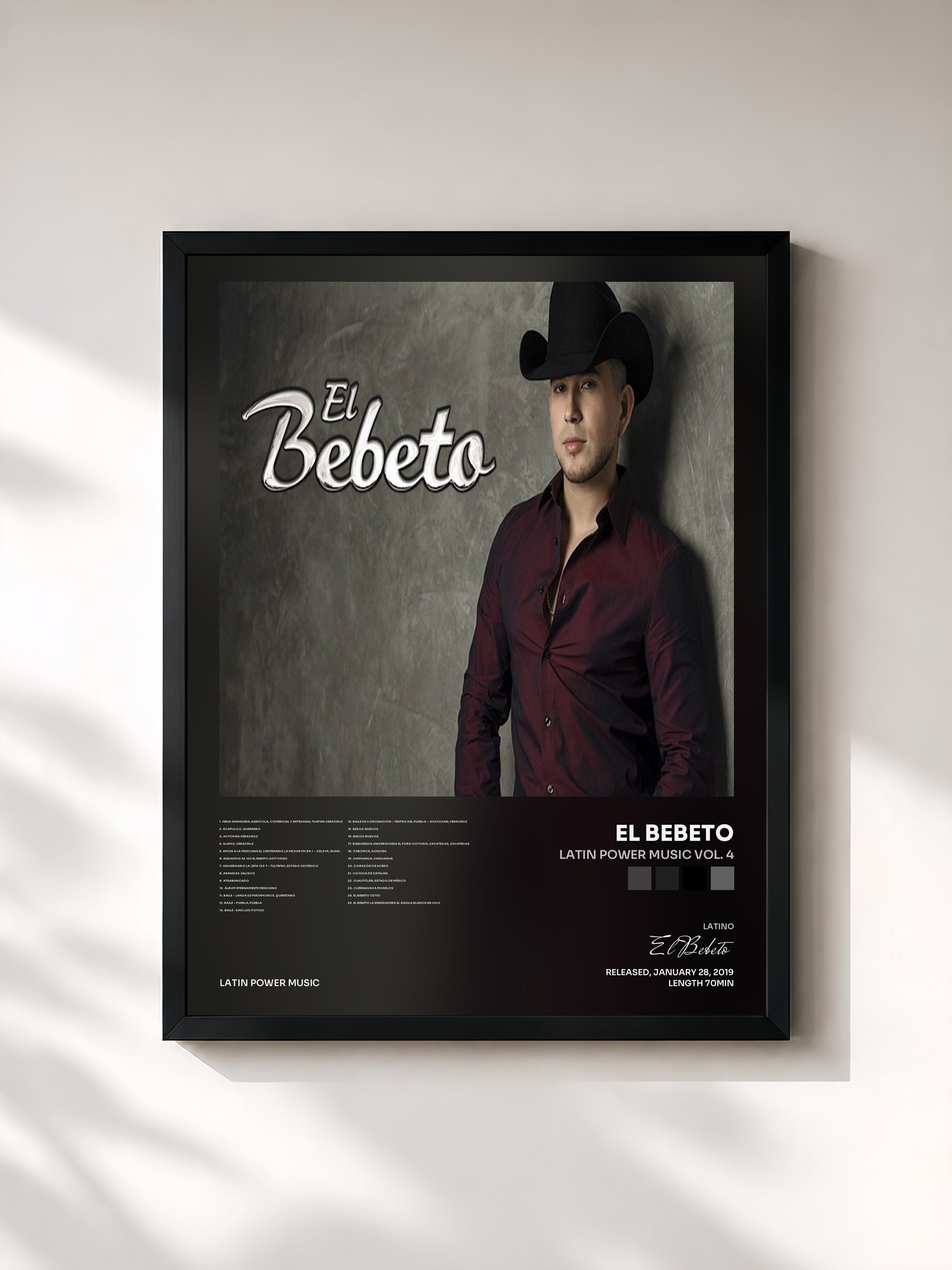 #noir Tableau de l'album Latin Power Music Vol. 4 de El Bebeto, cadre noir, imprimé et encadré en France
