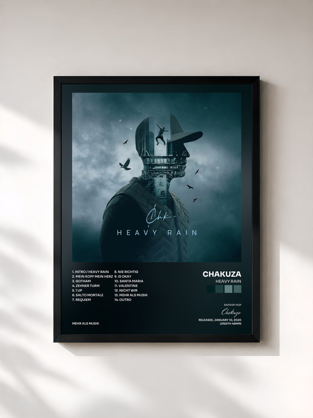 #noir Tableau de l'album Heavy Rain de Chakuza, cadre noir, imprimé et encadré en France