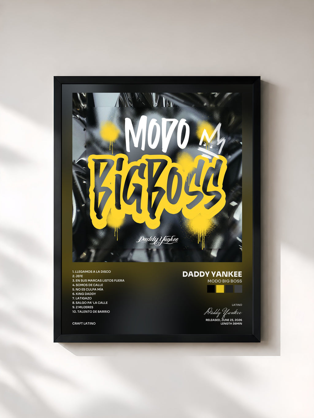 #noir Tableau de l'album Modo Big Boss de Daddy Yankee, cadre noir, imprimé et encadré en France