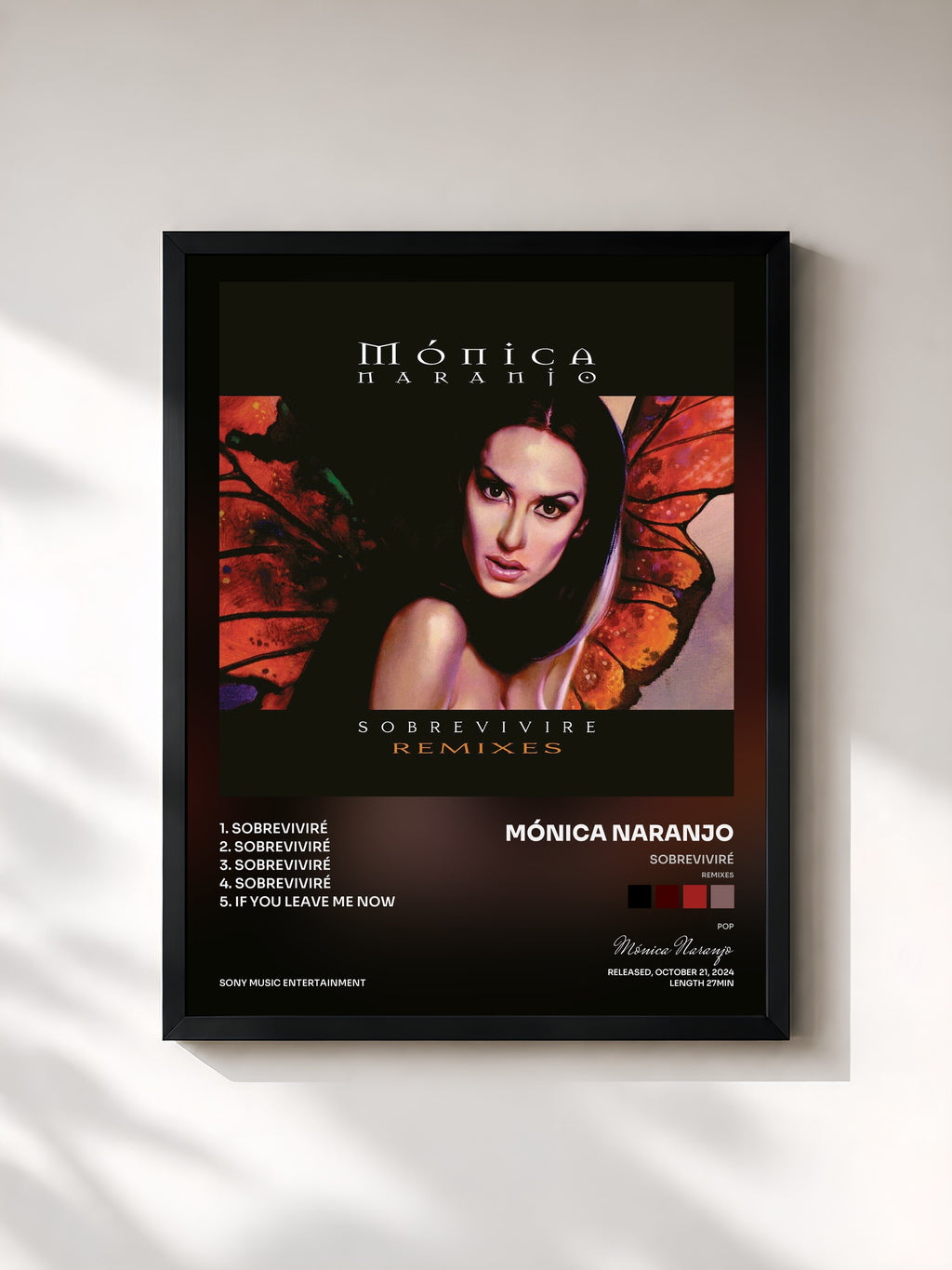 #noir Tableau de l'album Sobreviviré (Remixes) de Mónica Naranjo, cadre noir, imprimé et encadré en France
