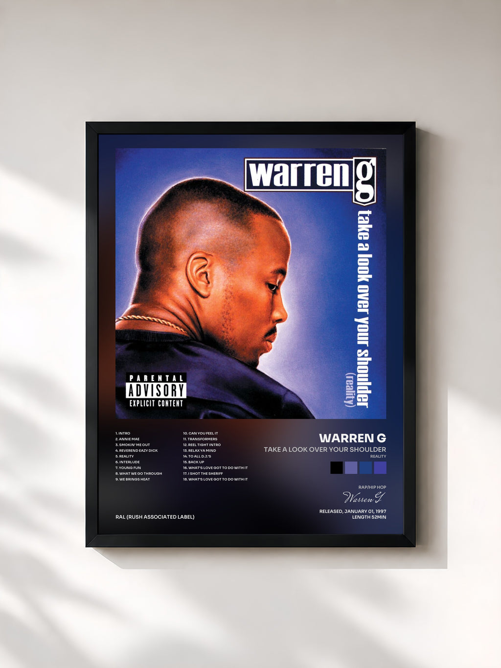 #noir Tableau de l'album Take A Look Over Your Shoulder (Reality) de Warren G, cadre noir, imprimé et encadré en France