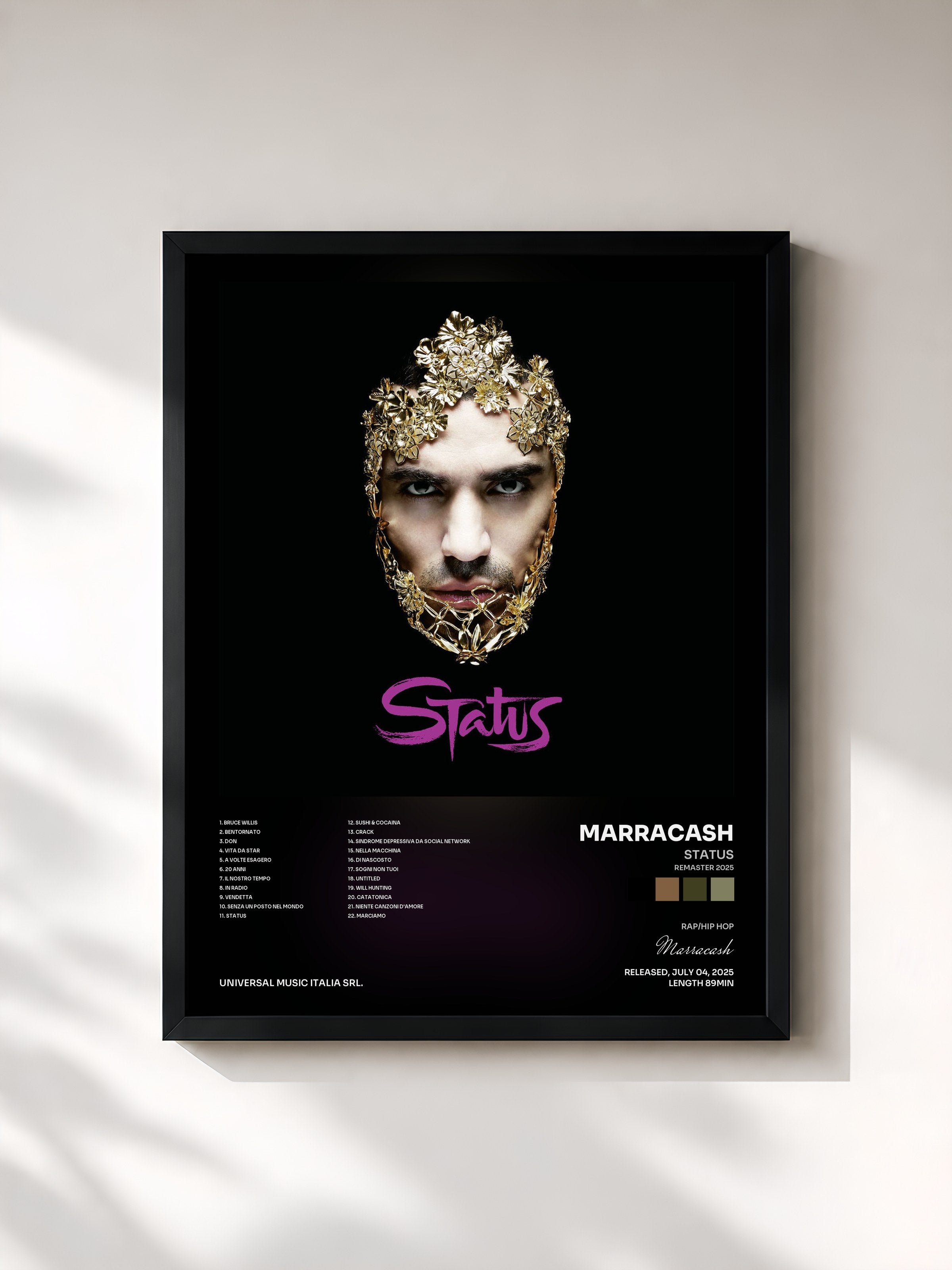 #noir Tableau de l'album Status (Remaster 2025) de Marracash, cadre noir, imprimé et encadré en France