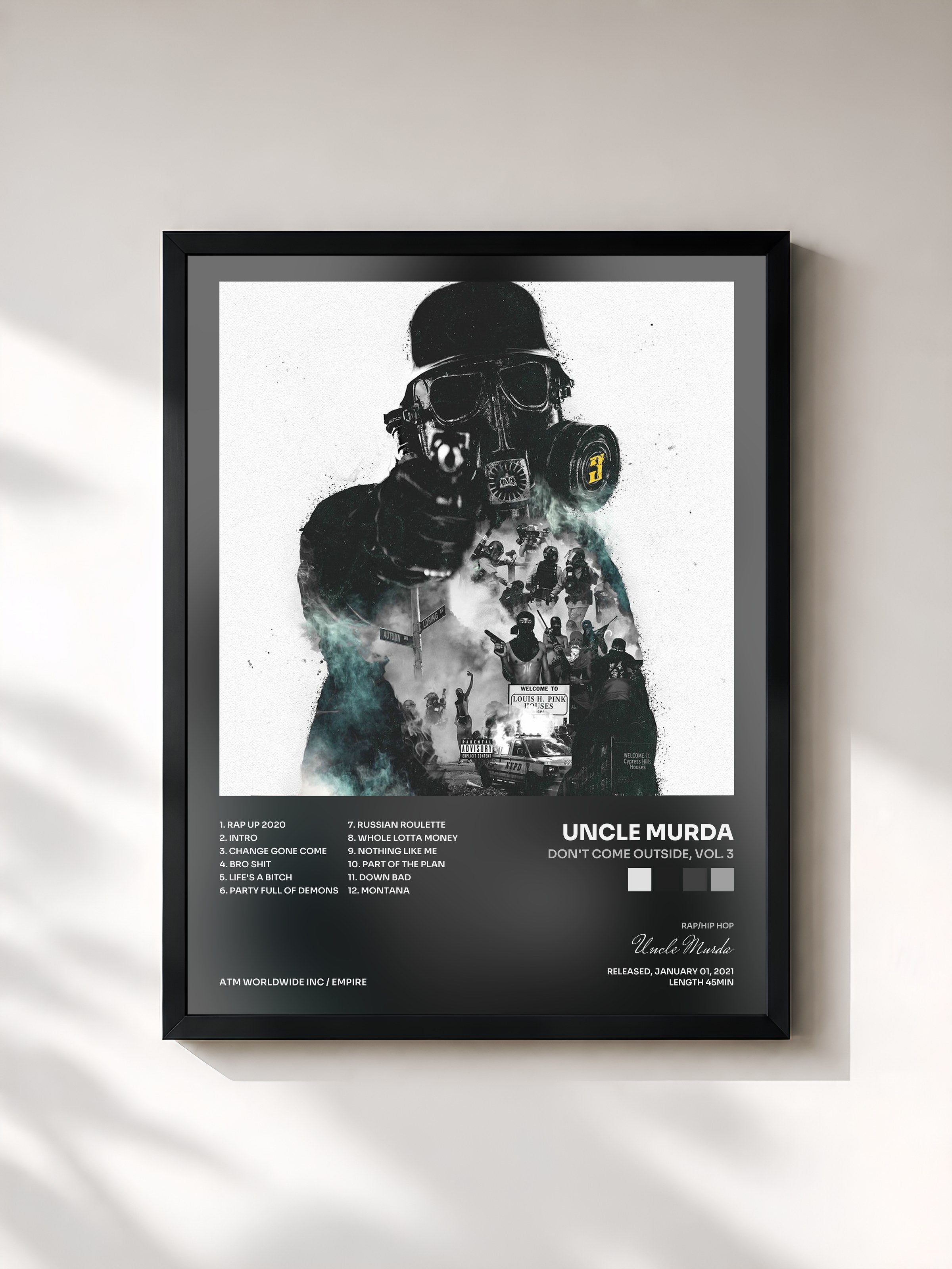 #noir Tableau de l'album Don't Come Outside, Vol. 3 de Uncle Murda, cadre noir, imprimé et encadré en France