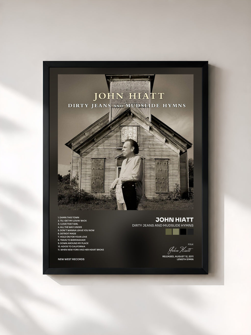 #noir Tableau de l'album Dirty Jeans and Mudslide Hymns de John Hiatt, cadre noir, imprimé et encadré en France