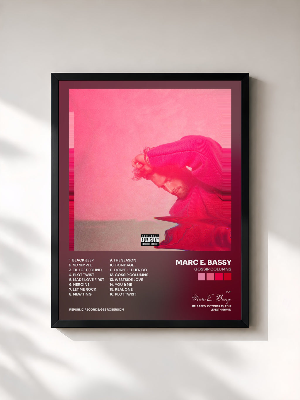 #noir Tableau de l'album Gossip Columns de Marc E. Bassy, cadre noir, imprimé et encadré en France