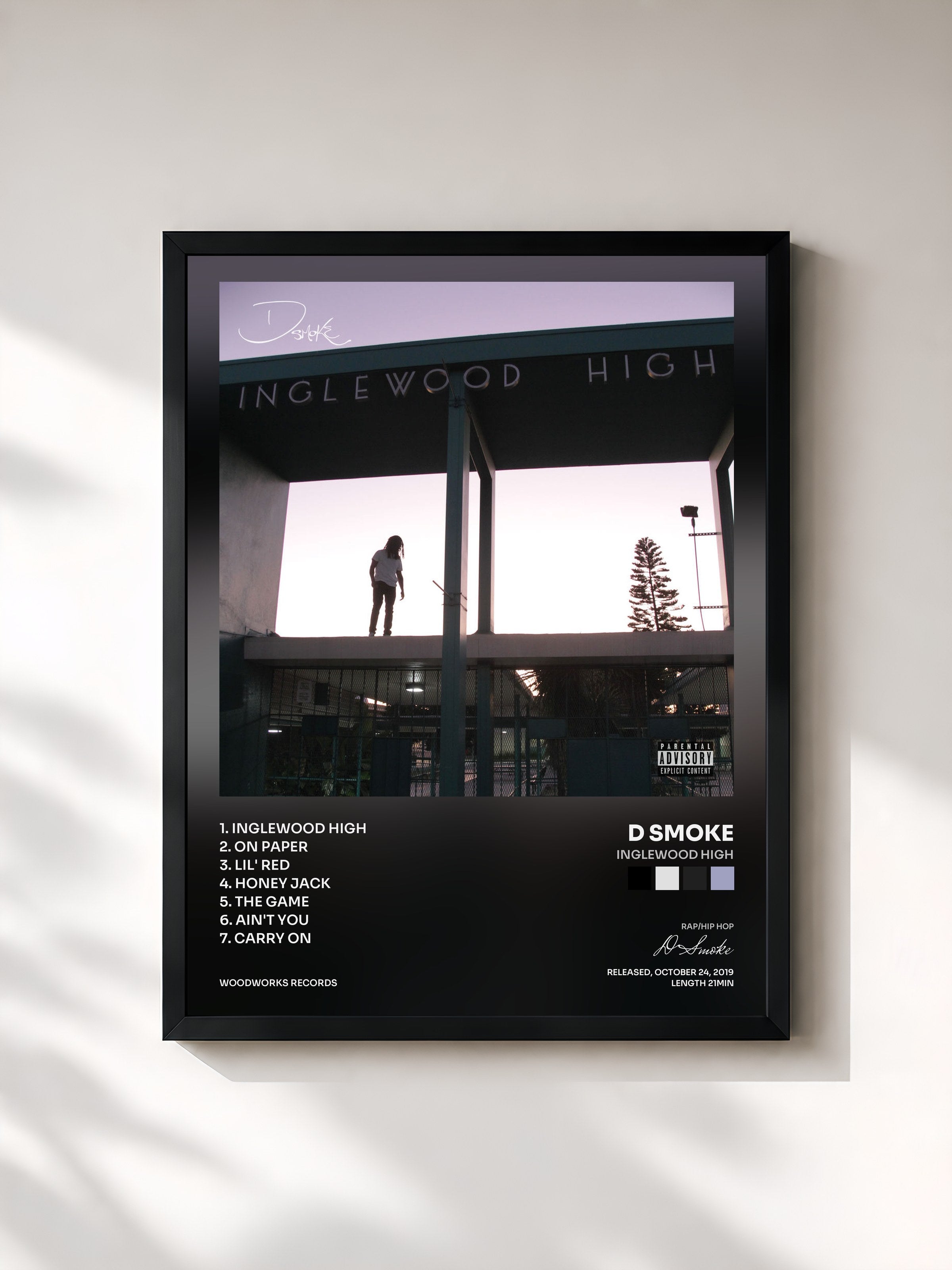 #noir Tableau de l'album Inglewood High de D Smoke, cadre noir, imprimé et encadré en France