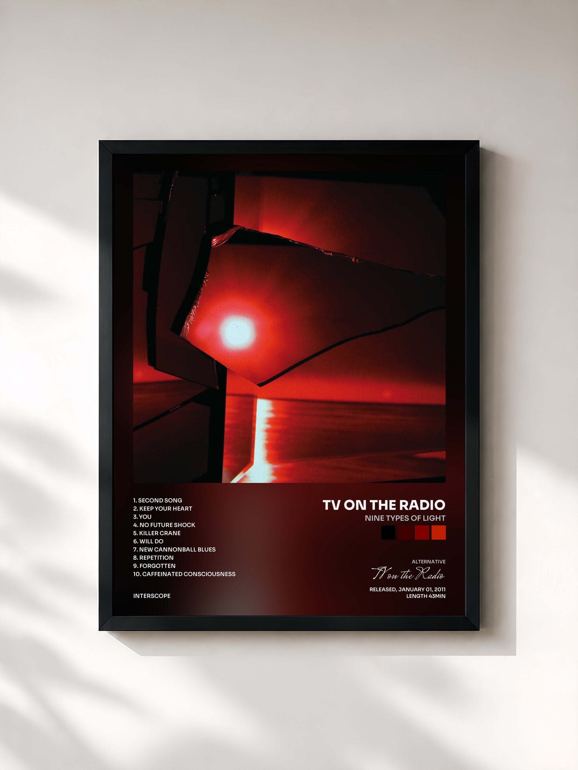 #noir Tableau de l'album Nine Types of Light de TV on the Radio, cadre noir, imprimé et encadré en France
