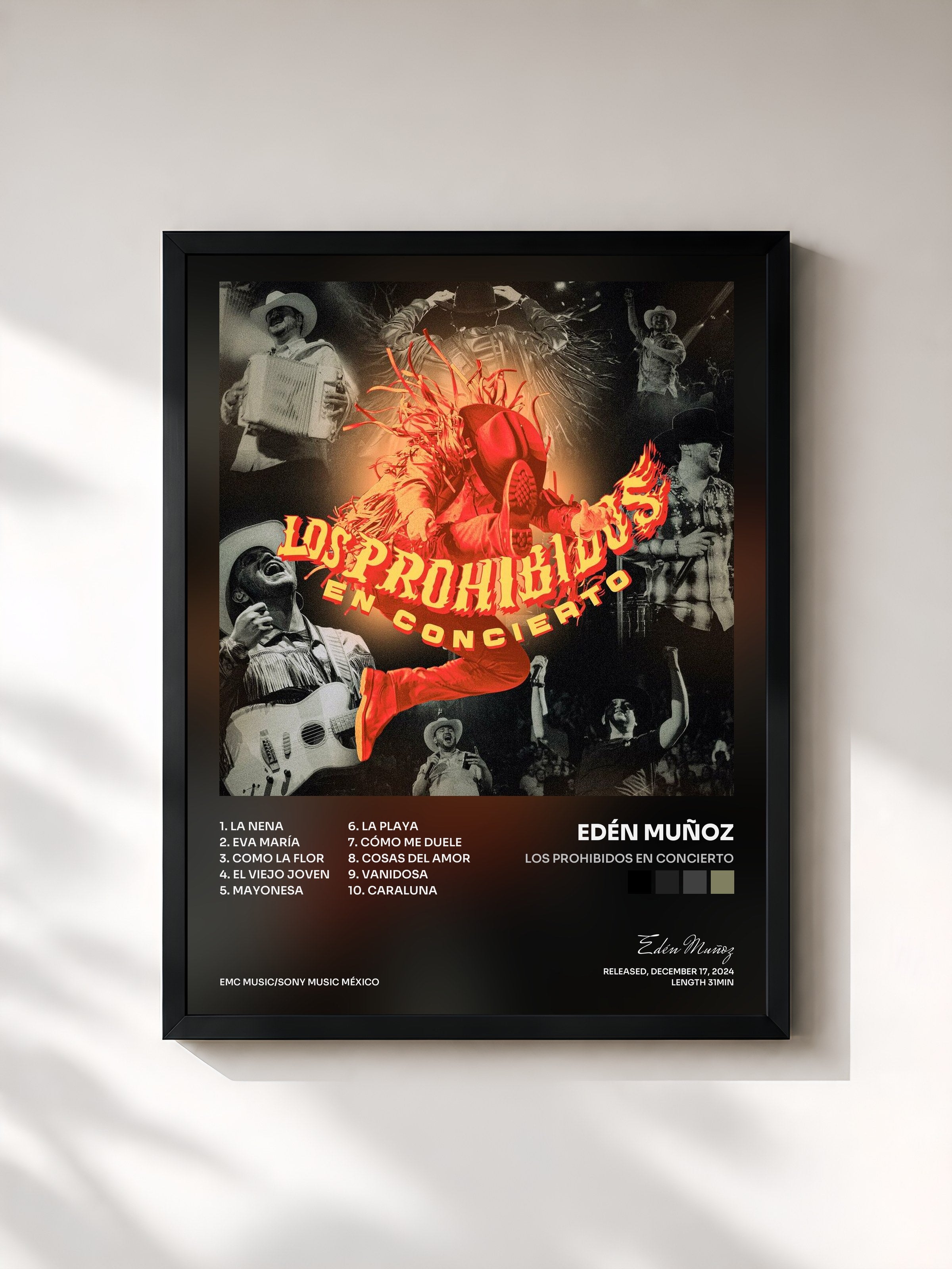 #noir Tableau de l'album Los Prohibidos en Concierto de Edén Muñoz, cadre noir, imprimé et encadré en France