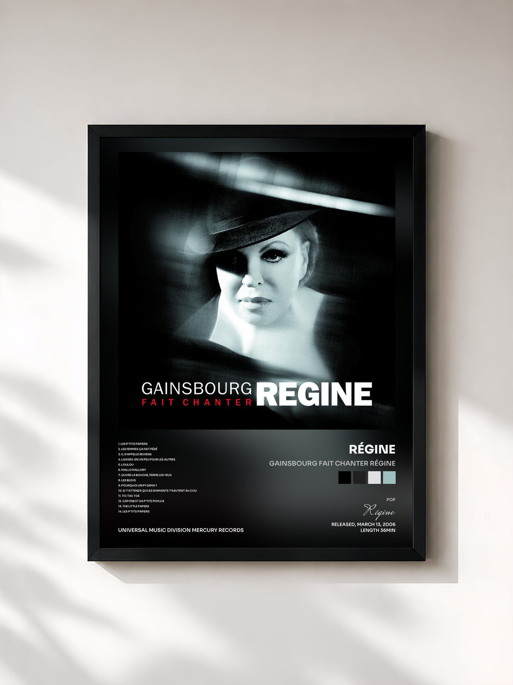#noir Tableau de l'album Gainsbourg Fait Chanter Régine de Régine, cadre noir, imprimé et encadré en France