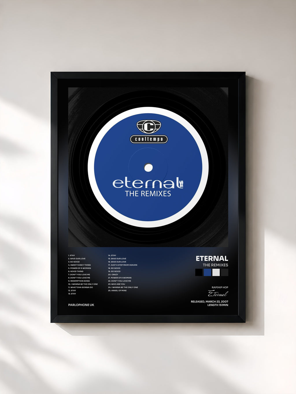 #noir Tableau de l'album The Remixes de Eternal, cadre noir, imprimé et encadré en France