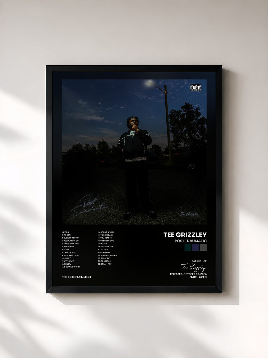 #noir Tableau de l'album Post Traumatic de Tee Grizzley, cadre noir, imprimé et encadré en France