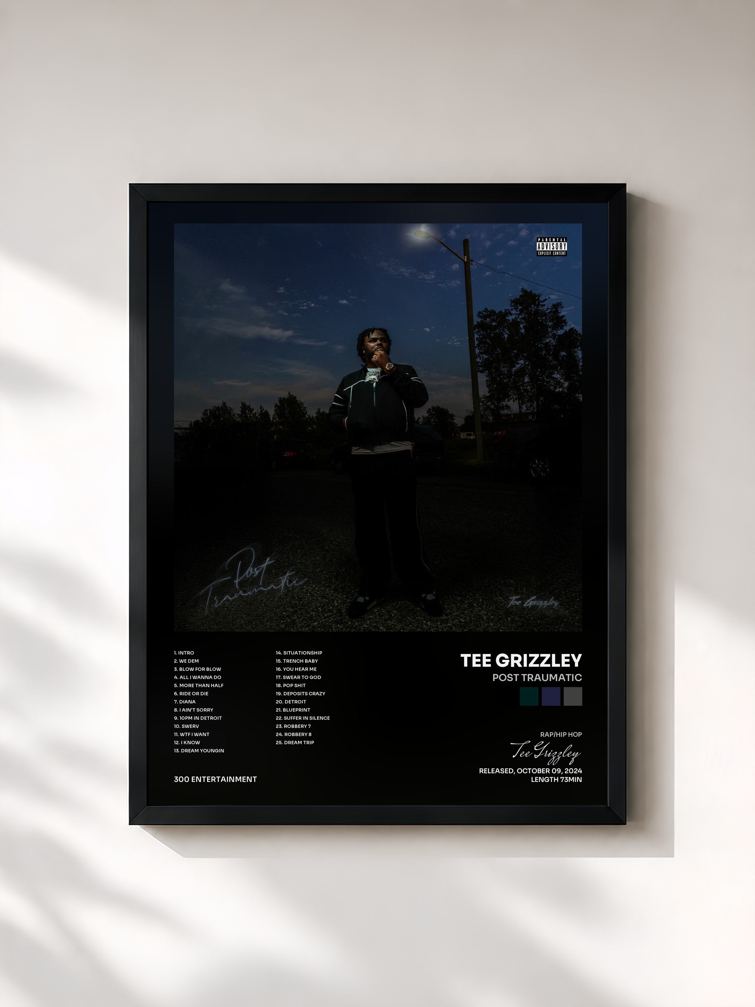 #noir Tableau de l'album Post Traumatic de Tee Grizzley, cadre noir, imprimé et encadré en France