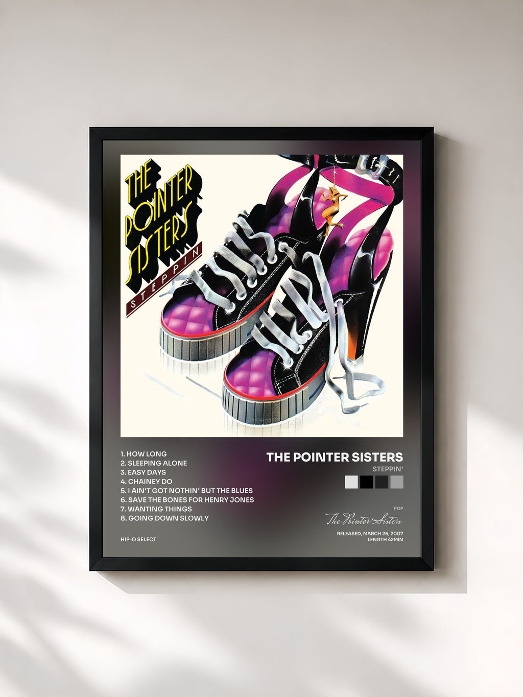 #noir Tableau de l'album Steppin' de The Pointer Sisters, cadre noir, imprimé et encadré en France