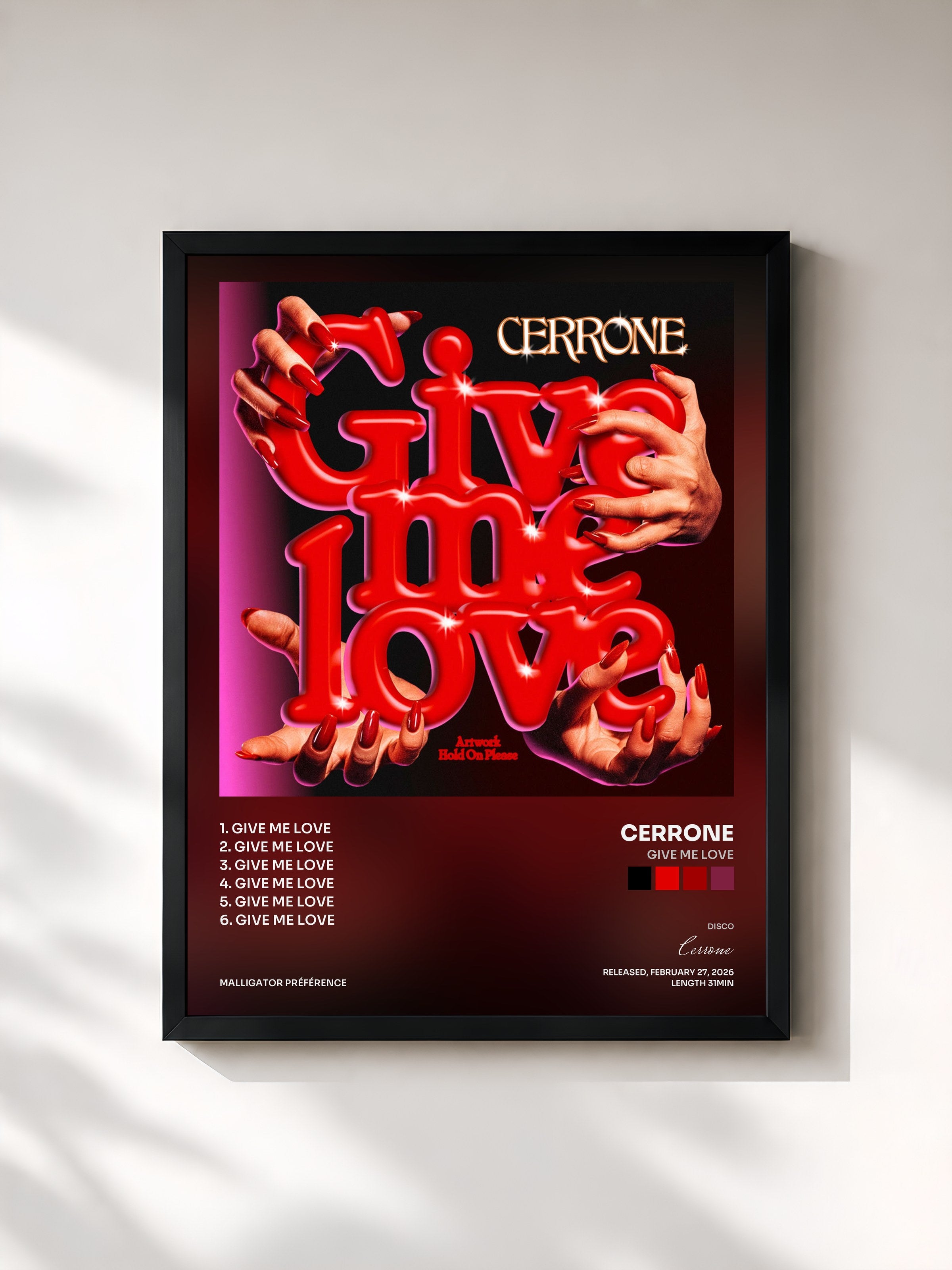 #noir Tableau de l'album Give Me Love de Cerrone, cadre noir, imprimé et encadré en France