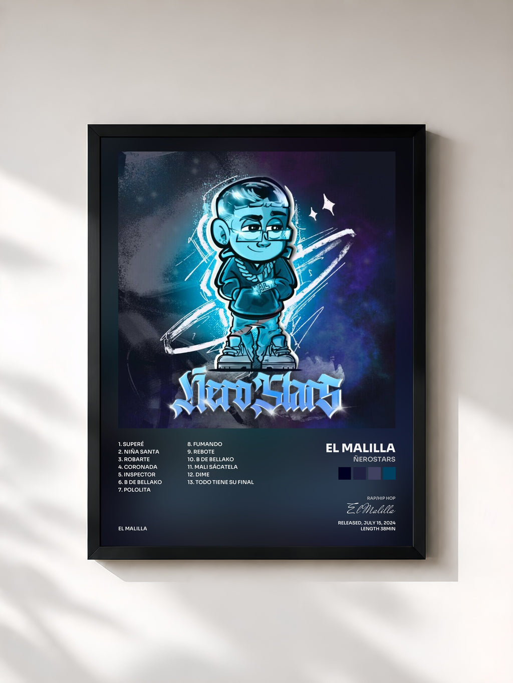 #noir Tableau de l'album ÑEROSTARS de El Malilla, cadre noir, imprimé et encadré en France