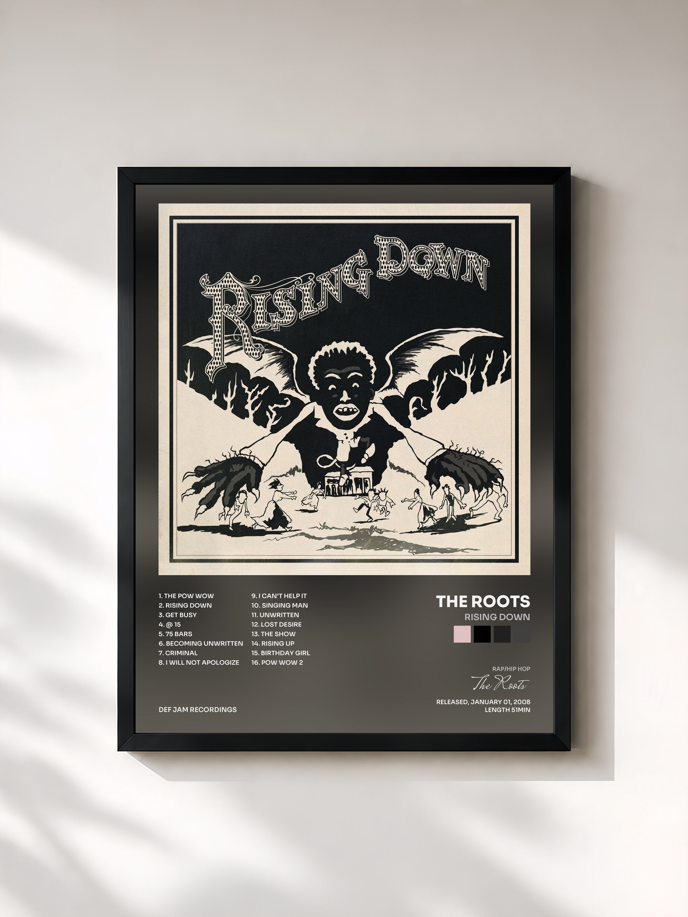 #noir Tableau de l'album Rising Down de The Roots, cadre noir, imprimé et encadré en France